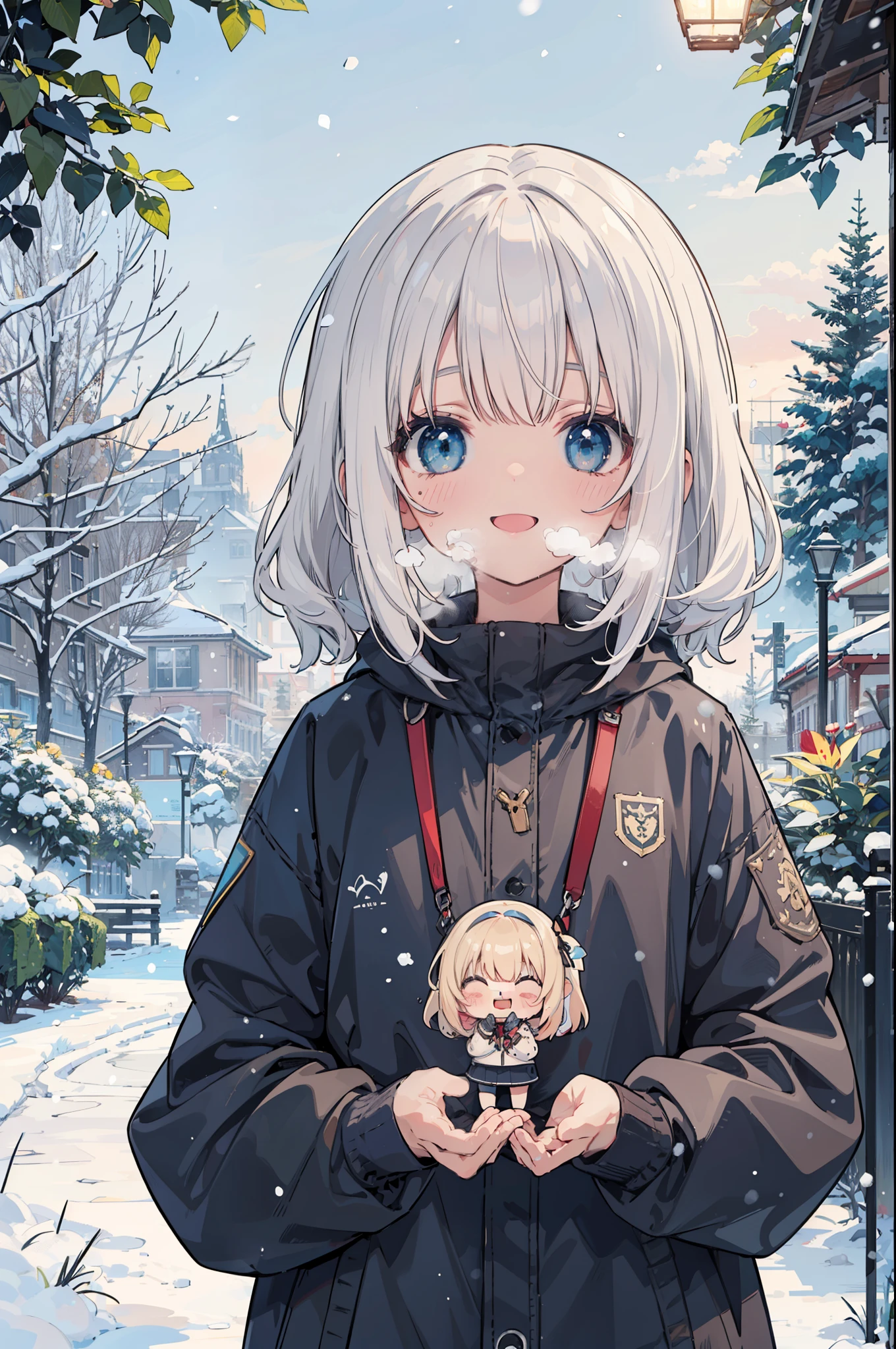 (Masterpiece, Top Quality, Top Quality, Official Art, Colorful Work, Portrait), Girl, Chibi, (White Breath: 1.5), (Happiness: 1.3), Garden, Snow, Particulate Fluorescent Luminescent Group, Cute