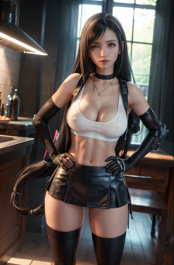 (8k, best quality, masterpiece:1.2), (realistic, photo-realistic), ultra-detailed, 1 girl,cute, solo, (tifa lockhart), (large breasts), neon lights, cityscape, depth of field, sharp focus, single elbow pad, ankle boots, black hair, black thighhighs, red boots, elbow gloves, elbow pads, fingerless gloves, taut shirt, sports bra, (black skirt), thighhighs, white tank top, full body, pretty face, long hair, ((red_eyeokeh, cinematic lighting, (Tetsuya Nomura style), nsfw, perfect breasts (standing, hands on hips:1.3)