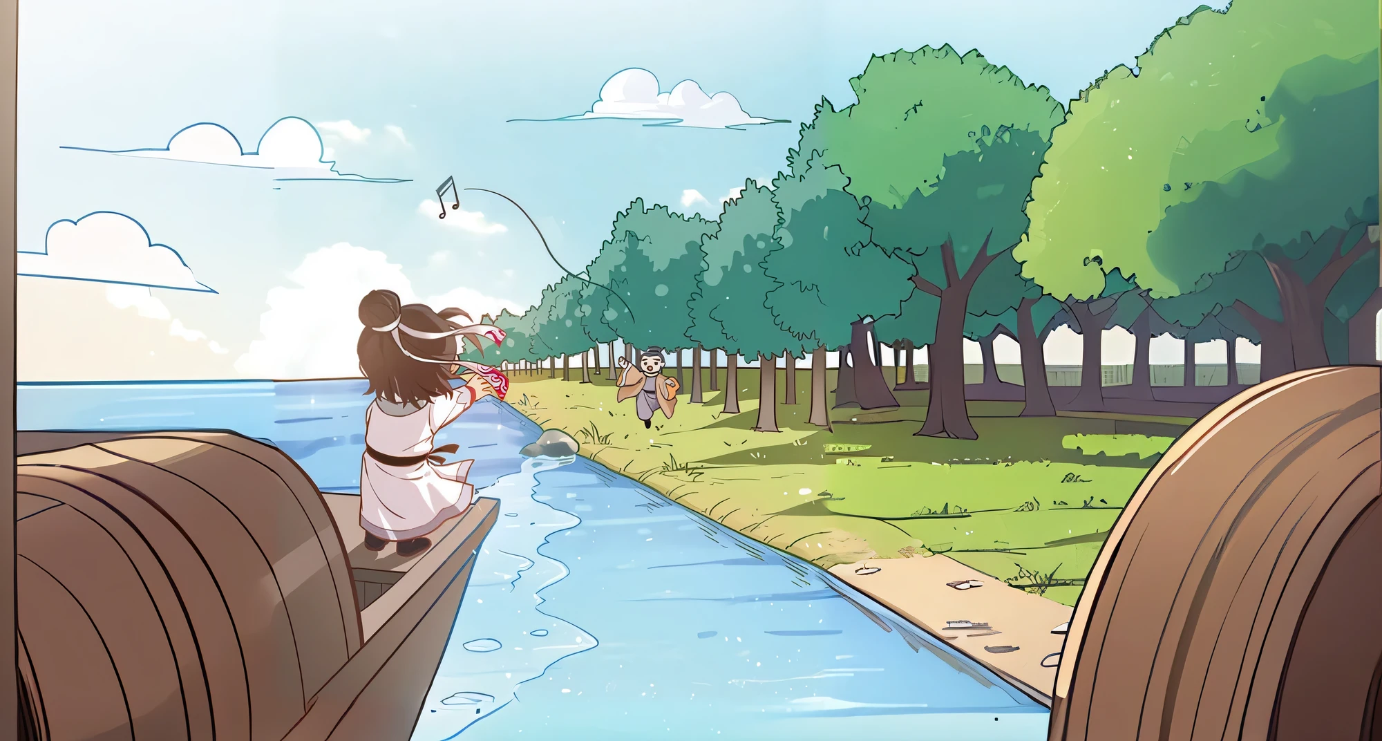 waterface,Boat,grassy fields,sky sky