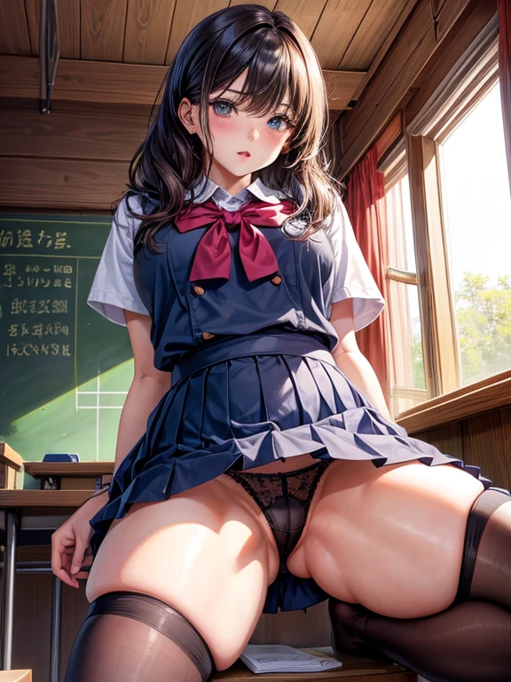 (thighs thighs thighs thighs:1.5)、beautiful curves、Enhanced by the best shadows and realistic lighting、Create breathtaking masterpieces with amazing ray-traced effects。huge-breasted、face perfect、luslous skin、And beautiful eyes。embarrassed from、panties small、Classroom、hi-school girl、Opening legs、with spreading legs、Panties that dig into the crotch、poneyTail、