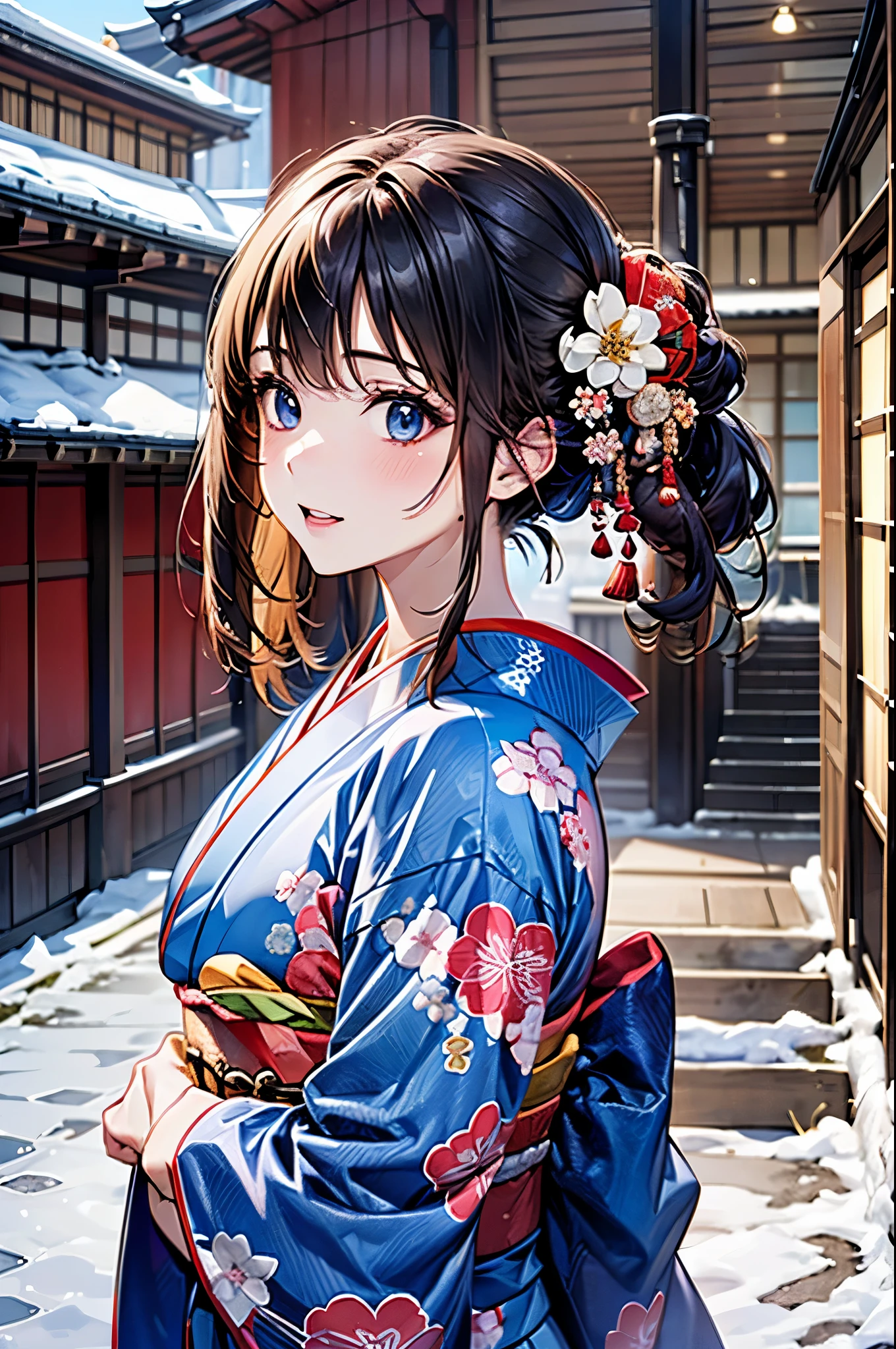 ((perfect anatomy, anatomically correct, super detailed skin)), 
1 girl, japanese, high school girl, shiny skin, large breasts:0.5, looking away, looking up, watching the view, from below, 
beautiful hair, beautiful face, beautiful detailed eyes, (middle hair:1.5, japanese hair:1.5), black hair, blue eyes, babyface, mole under eye, 
((red floral kimono, hair ornament)), 
((smile:1.5, open your mouth wide)), walking, 
(beautiful scenery), winter, dawn, (new year's day, first visit), hokkaido, sapporo, outside hokkaido shrine, crowd, snow, snowfall:1.5, freezing weather, frost, 
(8k, top-quality, masterpiece​:1.2, extremely detailed), (photorealistic), beautiful illustration, cinematic lighting,