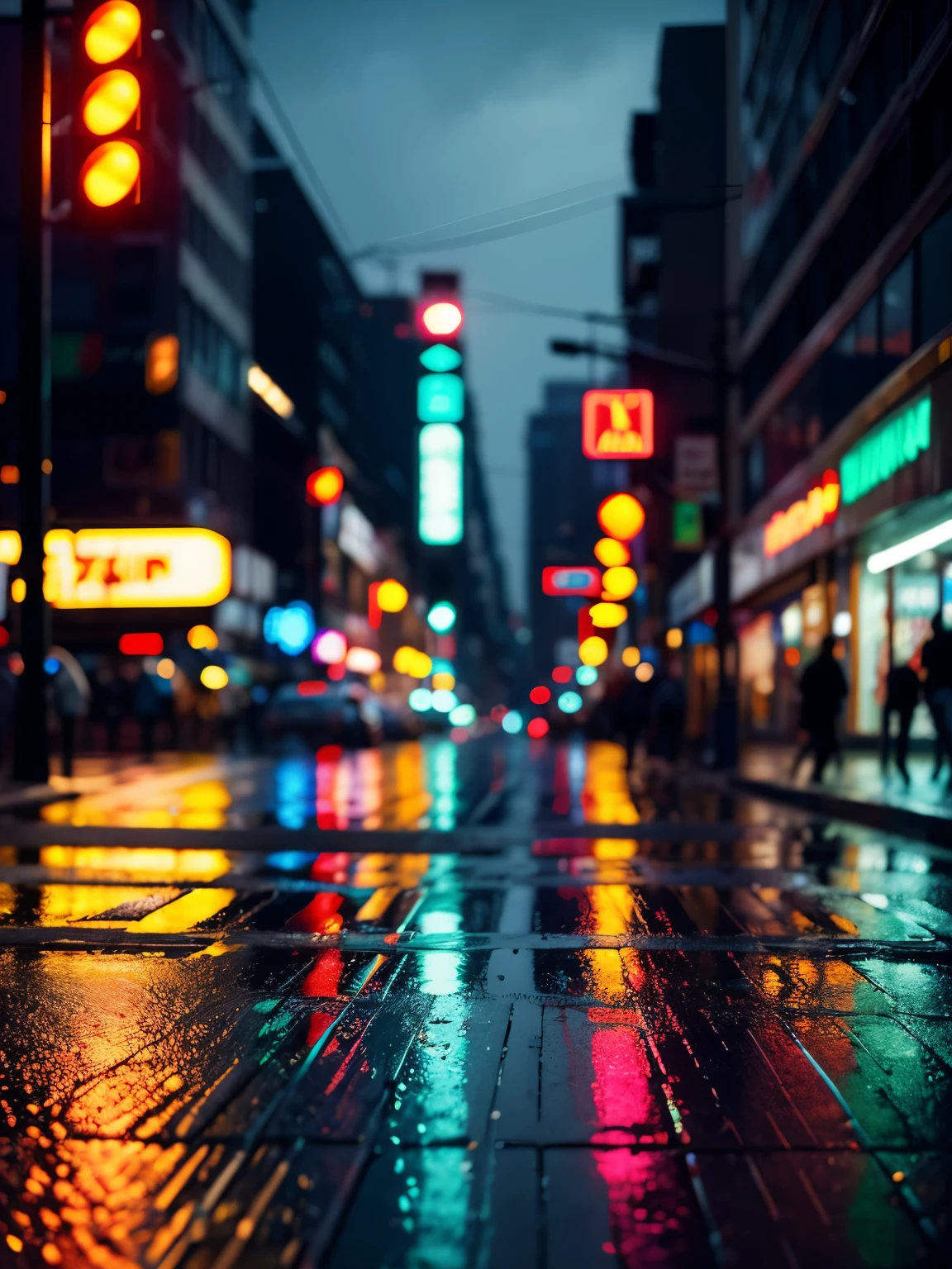 A busy city street at night with rainfall capturing the reflection of red, green, yellow and blue neon traffic and store lights on pavement in a blurred texture.