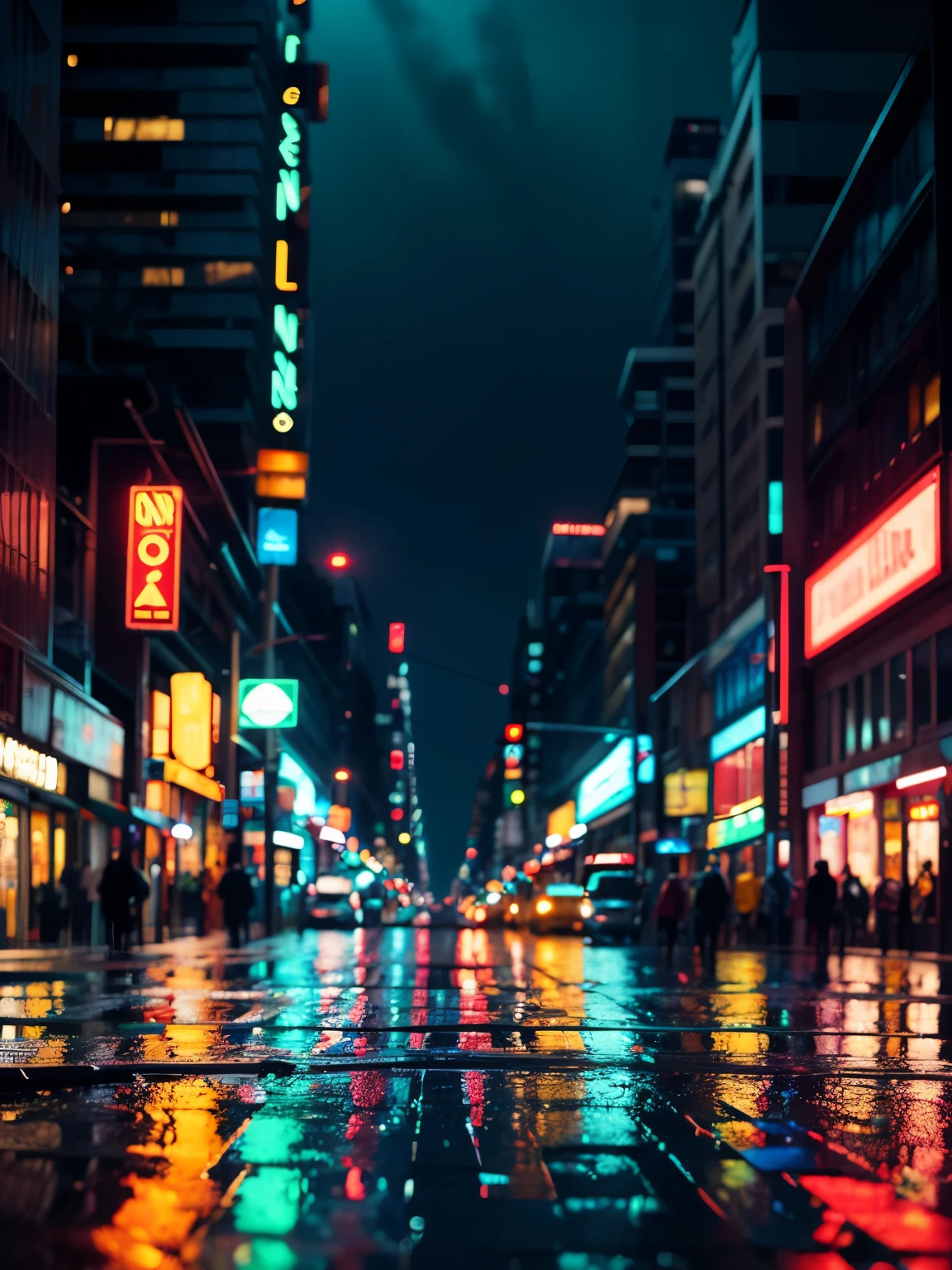 A busy city street at night with rainfall capturing the reflection of red, green, yellow and blue neon traffic and store lights on pavement in a blurred texture.