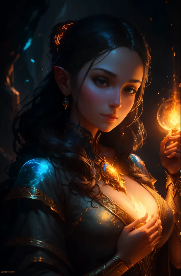Close-up of a woman holding a glowing object in her hand, Character portrait by WLOP, Artstation contest winner, Fantasy Art, fantasy concept art portrait, portrait of a female mage, epic fantasy digital art style, wojtek fus, epic Fantasy Art portrait, Alexandra Fomina Artstation, epic exquisite character art, detailed matte fantasy portrait, fanart best artstation