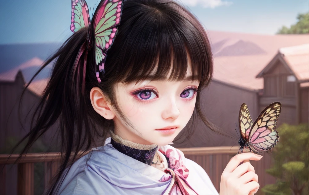 1girl, japanese, black hair, pink pupils eyes, butterfly on finger, (masterpiece:1.2), (illustration), (best quality:1.2), (best aesthetic:1.2), (beautiful art:1.2), (ultra-detailed:1.2), (8k), (HDR), (wallpaper), (sharp focus), (intricate),