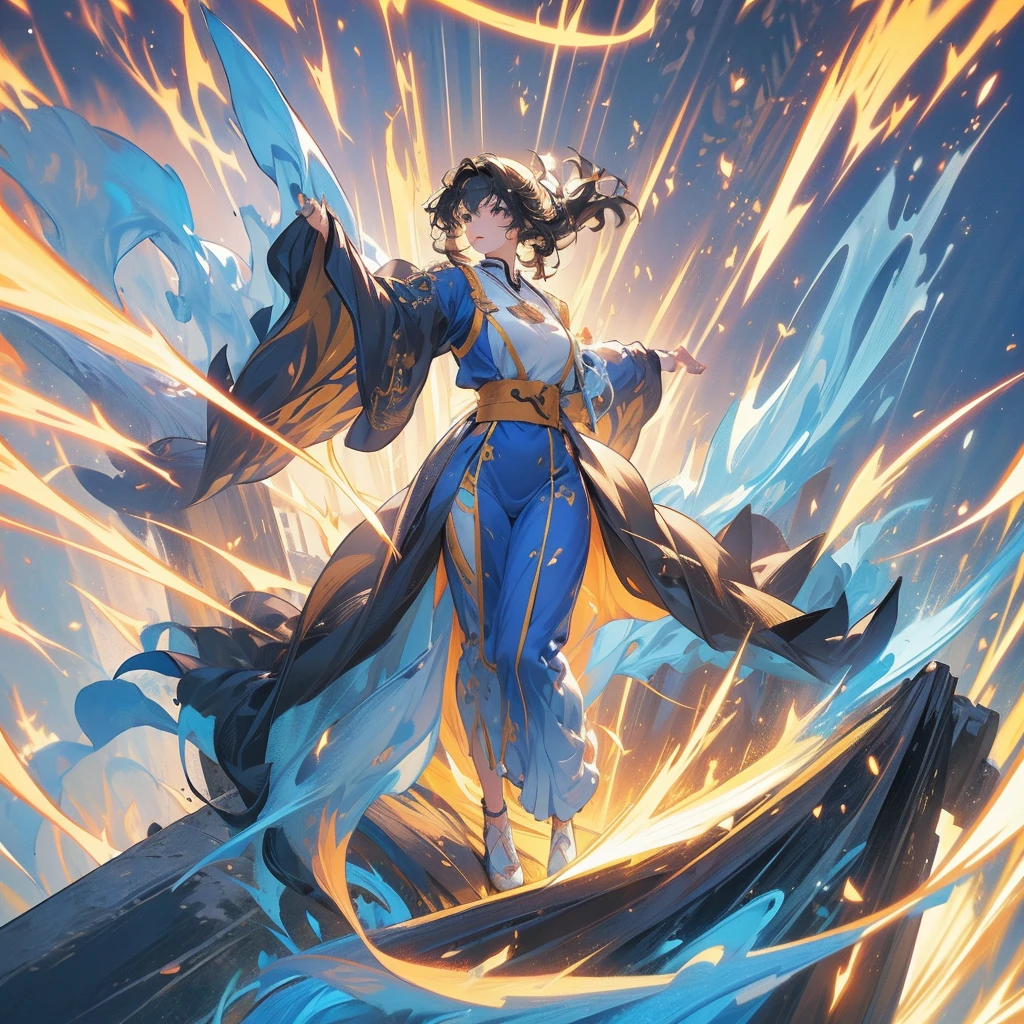 High quality, High resolution, Anime style, Earthy tones, Top-down angle, Full body, Training stance, Young woman, Good lighting, None, Not specified, Standing on one leg, Stern expression, Enduring intense training, wear judo uniform, Training attire, Smooth skin texture, Covered by training attire, Average bust size, Young age, Average body type, Cliff edge of fantasy world, Intense training environment, Wind blowing, Not specified, Not specified, Clear weather, Daytime, Intense training atmosphere, (Training on the precipice cliff, floating islands in the sky.:1.3), (The background is rich and delicate),