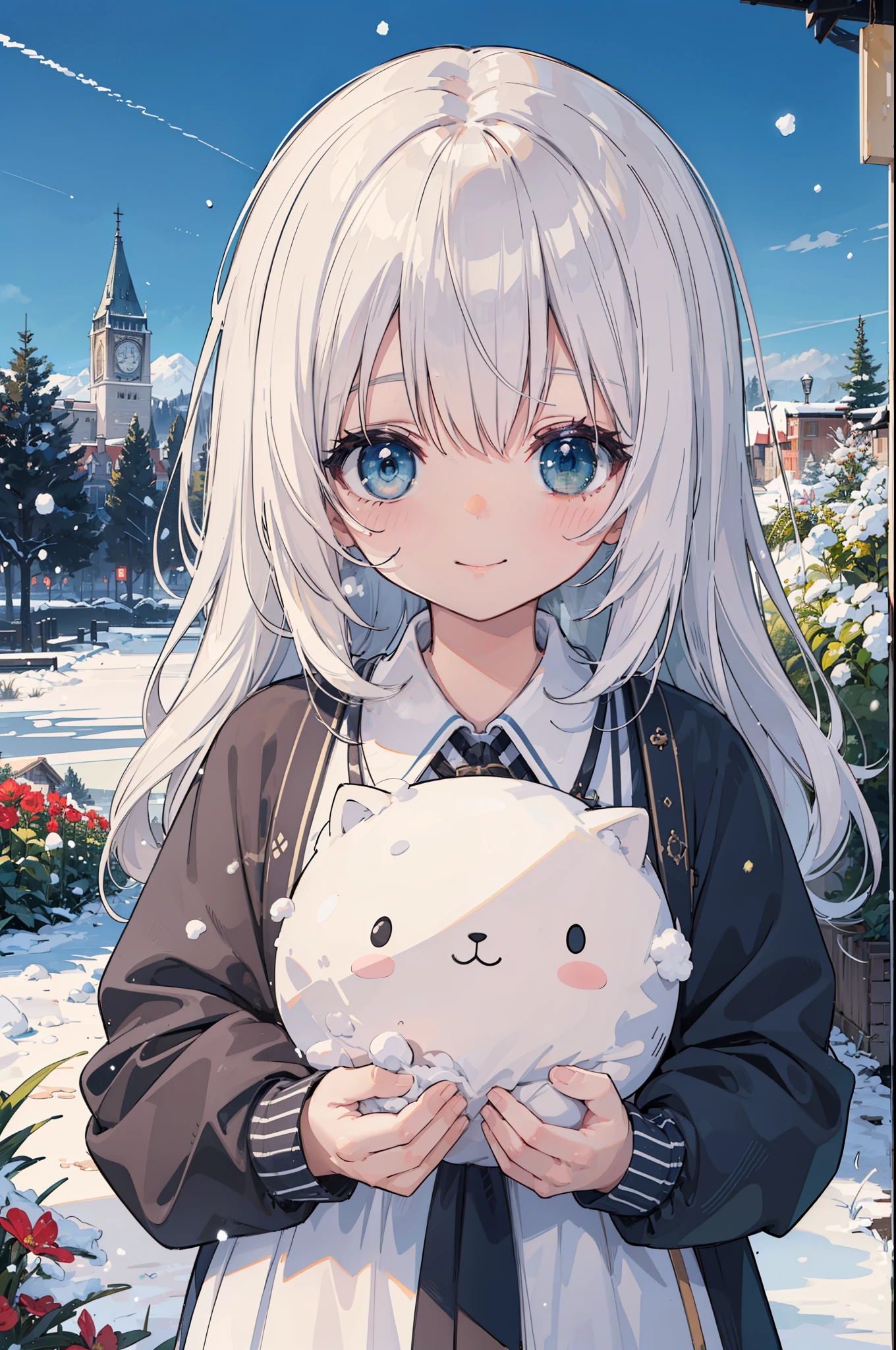 (Masterpiece, Top Quality, Top Quality, Official Art, Colorful Work, Portrait), Girl, Chibi, (White Breath: 1.5), (Happiness: 1.3), Garden, Snow, Particulate Fluorescent Luminescent Group, Cute