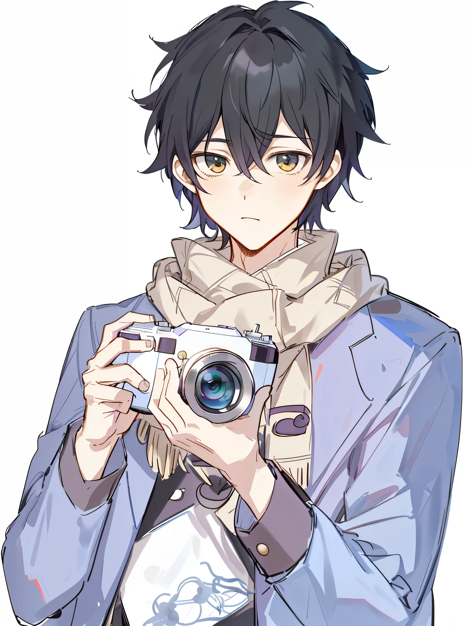 8K，high high quality！！Detail Enhancement！！Highest image quality！！holding a camera，Anime boy wearing winter clothes taking photos, Okumura Masanobu&#39;s inspiration, Inspired by Okumura Togyu, Tall blue eyed anime character, young anime man, author：Kamisaka Yukika, Anime cute art style, handsome anime pose, anime handsome man, kentaro miura art style