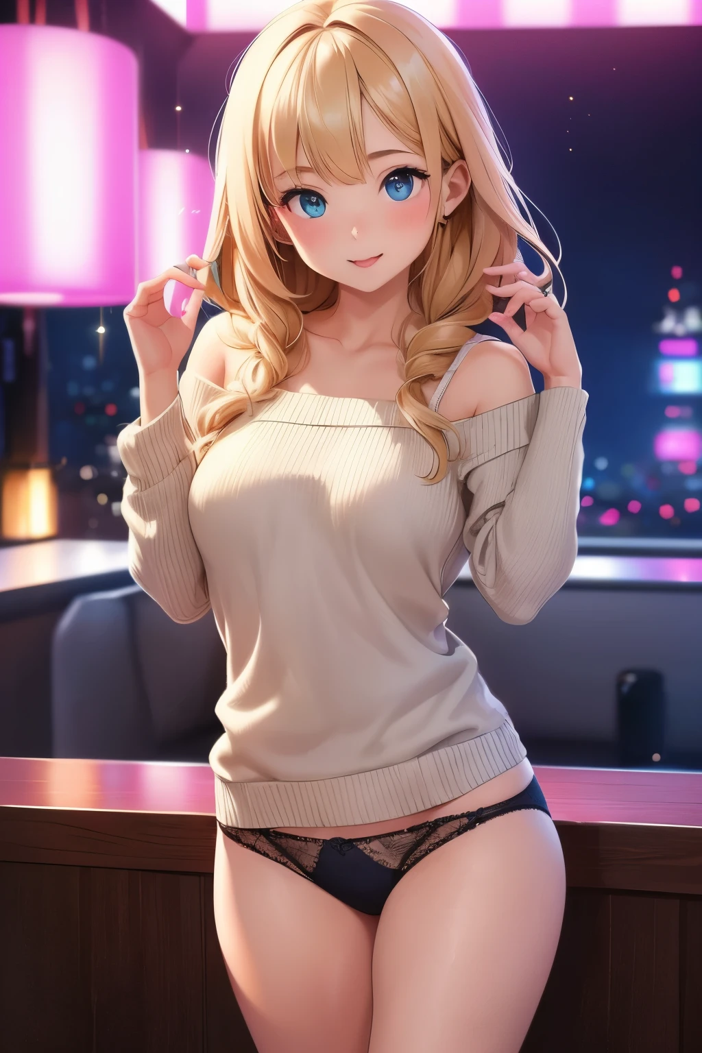 (best quality,4k,highres),close-up of a beautiful girl, in a cozy home setting, with a touch of Korean style. The girl has mesmerizing, detailed eyes, perfectly defined nose, and luscious, detailed lips that exude brutals. She has a warm smile on her face, radiating a sense of contentment. She is wearing a cozy ragged sweater, giving her a casual and comfortable look.
In the background, there is a vibrant club setting with colorful lights and energetic atmosphere, symbolizing the girl's vibrant social life. The scene depicts a sense of fun and excitement, with people dancing and enjoying the music.
The girl is holding a cute, small plush toy that brings out her playful side. Additionally, she is wearing delicate and lacy panties and underwear, enhancing her femininity. Her long and beautiful hair is neatly styled, giving her a chic appearance.
The color palette of the image is soft and warm, with a hint of pastel shades. The lighting is well-balanced, with soft illumination highlighting the girl's features, contributing to a visually appealing composition.
This artwork showcases an ultra-detailed and realistic representation of the girl, capturing every exquisite detail with a touch of professional craftsmanship. The image will be a masterpiece of art, evoking a sense of beauty, youth, and innocence.