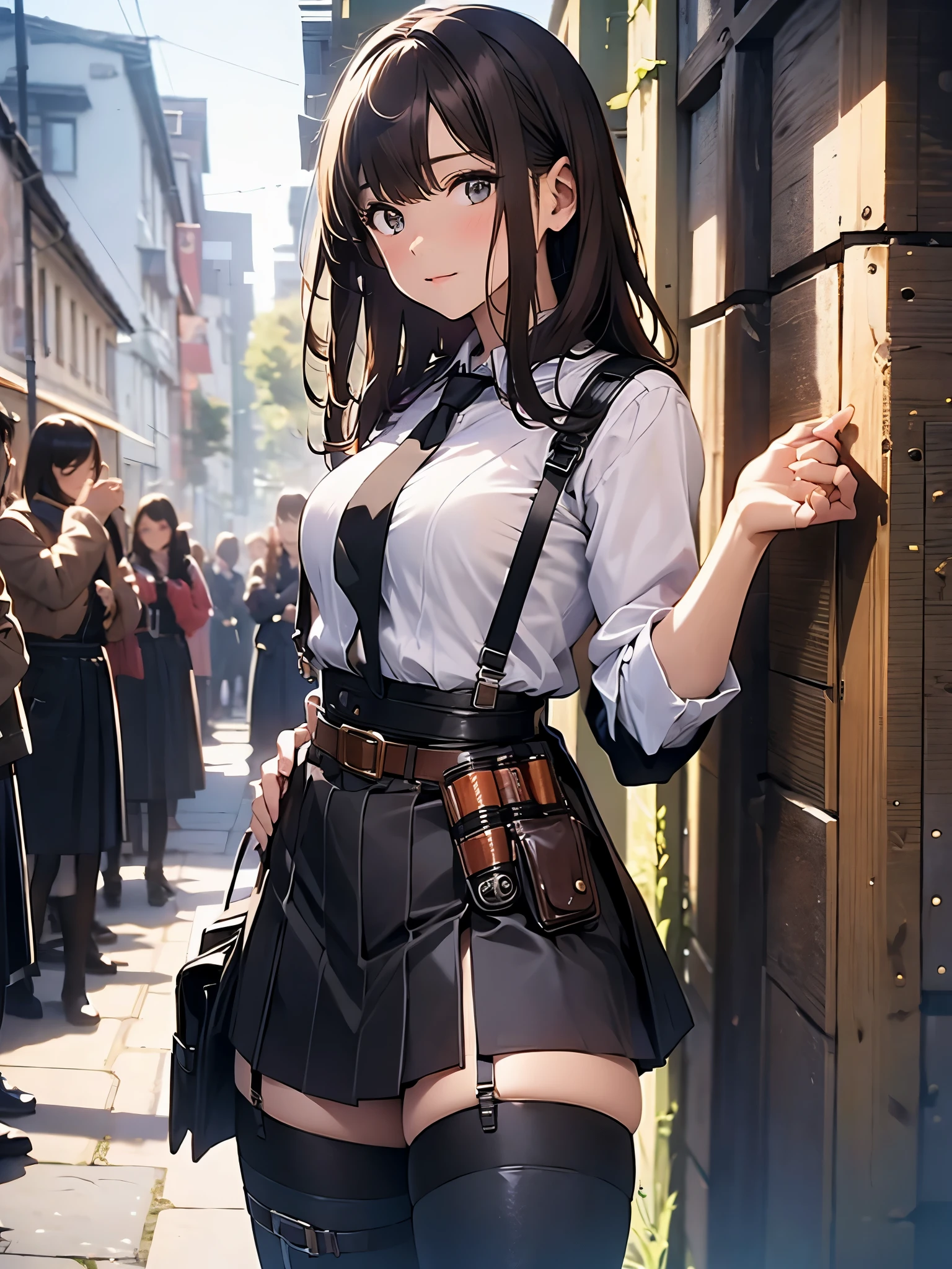 Brown hair、watching at viewers black suspenders Bulging big breasts walls: Black miniskirt garters Gaze Small face bangss holster Beautuful Women hands up レッグholster ベッドに横たわる Gaze black boots panty shot provocation flank flank汗 soio arm