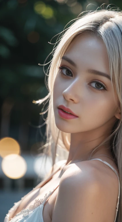 Masterpiece, Best Quality, Extremely detailed, Cinematic Lightning, intriciate detail, high resolucion, Official Art, Beautiful face and eyes with delicate details, high resolucion 그림, 8K, Depth of field, Bokeh, Solo, 1Girl, Girl with white hair and red eyes,white short hair, Beautiful red eyes, beautiful scenery, Rainy city, upper half body, looking up at viewer, close-up