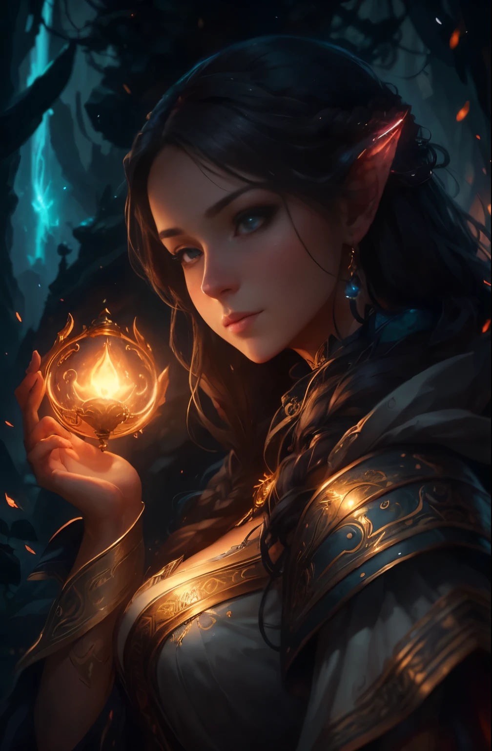 Close-up of a woman holding a glowing object in her hand, Character portrait by WLOP, Artstation contest winner, Fantasy Art, fantasy concept art portrait, portrait of a female mage, epic fantasy digital art style, wojtek fus, epic Fantasy Art portrait, Alexandra Fomina Artstation, epic exquisite character art, detailed matte fantasy portrait, fanart best artstation, Best Quality, Perfect Angle, perfect-composition, Best Shots, Official art, ciinematic light, very beautiful and fantastic scenery, chivalry dream, female solo