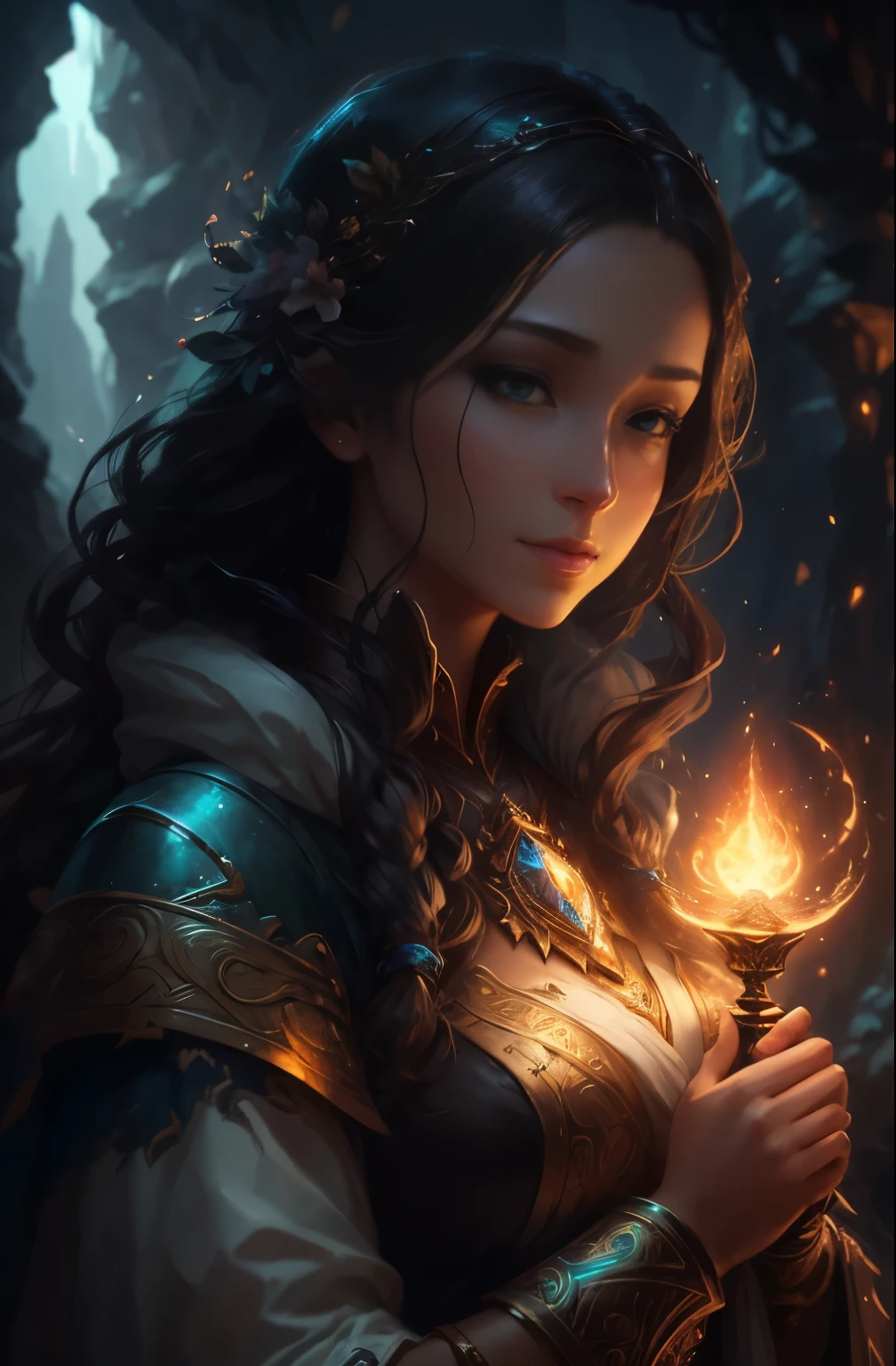 Close-up of a woman holding a glowing object in her hand, Character portrait by WLOP, Artstation contest winner, Fantasy Art, fantasy concept art portrait, portrait of a female mage, epic fantasy digital art style, wojtek fus, epic Fantasy Art portrait, Alexandra Fomina Artstation, epic exquisite character art, detailed matte fantasy portrait, fanart best artstation, Best Quality, Perfect Angle, perfect-composition, Best Shots, Official art, ciinematic light, very beautiful and fantastic scenery, chivalry dream, female solo