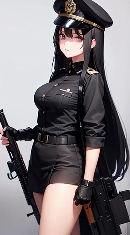 black military cap, long black hair, breast, black military uniform, guns