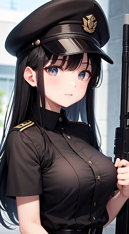 black military cap, long black hair, breast, black military uniform, guns
