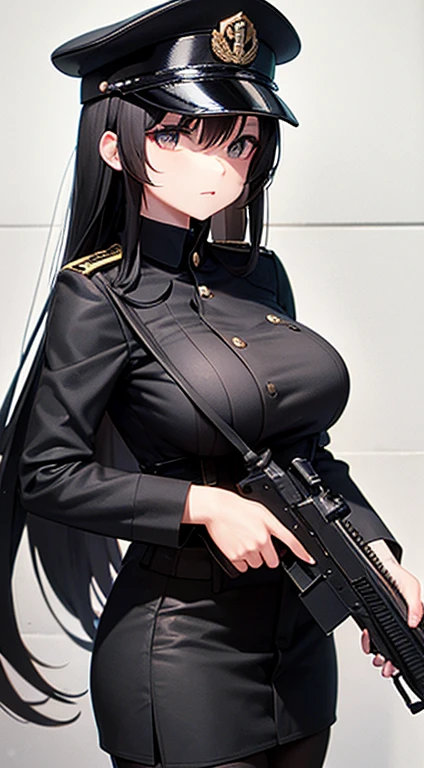 black military cap, long black hair, breast, black military uniform, guns