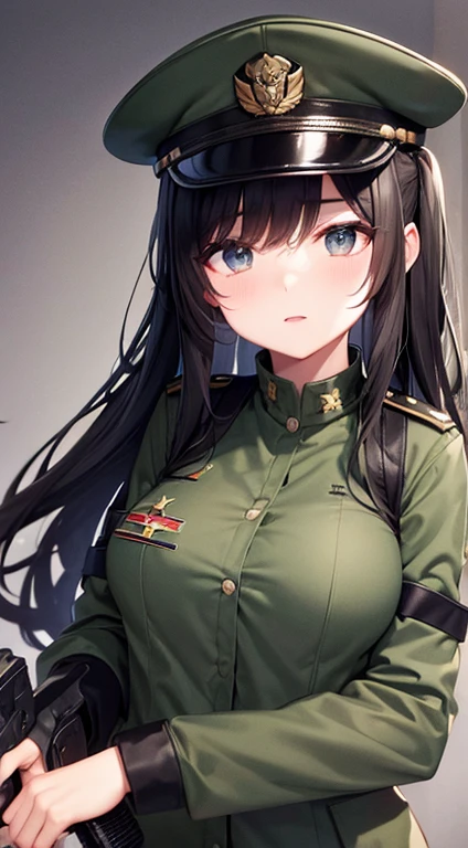 black military cap, long black hair, breast, black military uniform, guns