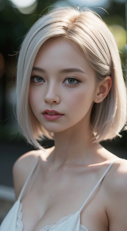 Masterpiece, Best Quality, Extremely detailed, Cinematic Lightning, intriciate detail, high resolucion, Official Art, Beautiful face and eyes with delicate details, high resolucion 그림, 8K, Depth of field, Bokeh, Solo, 1Girl, Girl with white hair and red eyes,white short hair, Beautiful red eyes, beautiful scenery, Rainy city, s whole body, looking up at viewer,