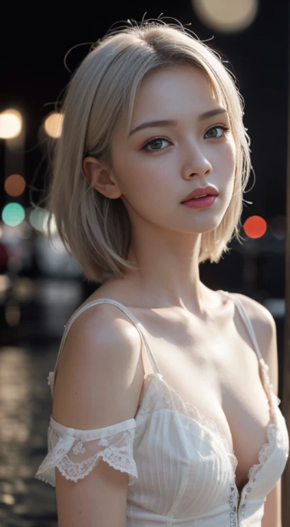 Masterpiece, Best Quality, Extremely detailed, Cinematic Lightning, intriciate detail, high resolucion, Official Art, Beautiful face and eyes with delicate details, high resolucion 그림, 8K, Depth of field, Bokeh, Solo, 1Girl, Girl with white hair and red eyes,white short hair, Beautiful red eyes, beautiful scenery, Rainy city, s whole body, looking up at viewer,