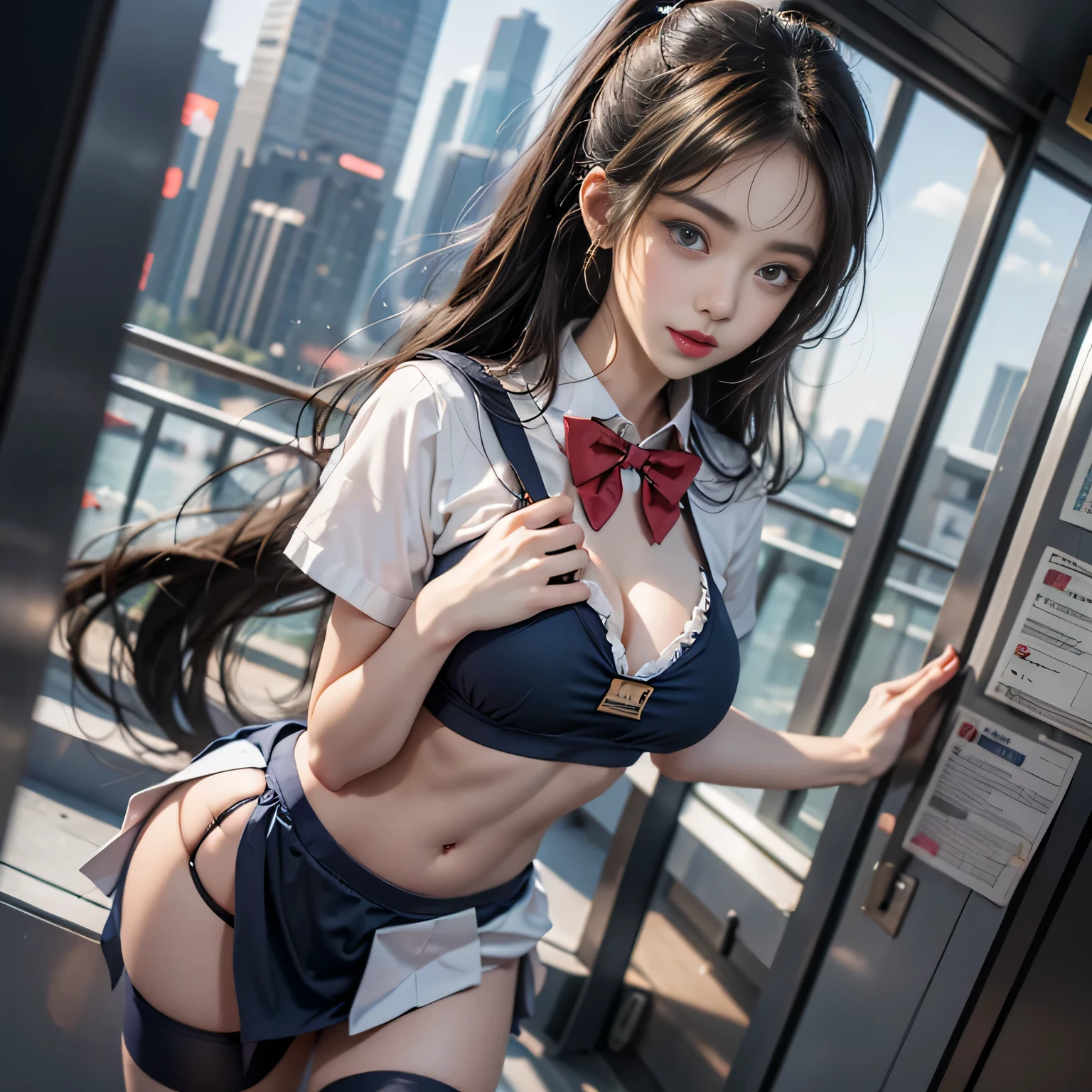 （(Female student standing in the office with breasts)）, (thick and long black hair), Bangs, Blunt bangs, Long hair, （(poneyTail)）, aqua eyes, longeyelashes, Solid Circle Eyes, makeup, Open mouth, blush, Parted lips, Bright pupils, Seductive smile, glint, surrealism, Modern, Chiaroscuro, depth of fields, One-person viewpoint,  F/1.8, 135 mm, canon,  nffsw, retinas, masutepiece, ccurate, Anatomically correct, Textured skin, Super Detail, high details, High quality, Best Quality, hight resolution, 1080p, hard disk, 4K, 8K,（Breasts whole body angle）、((White short sleeve sailor uniform, Short length)), navy blue collar、(((underboob)))、Lower breast、Oily skin、skinny、((red loose bow tie))、Skyscrapers are hazy in the background、blush, Parted lips, Bright pupils, smiley, Seductive smile, glint, surrealism, Modern、Chiaroscuro、（Medium Size Breast)、((sexypose))、(camel's toe), double whirlwind pattern design garment，Iris heterochromatic pupil，hight resolution,((The erection))、(Puffy eyes:1.２)、 (Slim legs),(Light shines on the face and chest)、 (the underside of the chest is slightly visible),(目に見えるLower breast、I can see your belly button and ribs)、Hip bones and lower abdomen are visible、((Navy blue flared miniskirt with white trim))、(lift up skirt）,（Black T-back panties visible），(Black stockings、I see black high heels)、Very beautiful breasts、Grasp your breasts with both hands、(Puffy eyes:1.２)、 (Slim legs)、erotick、nffsw、