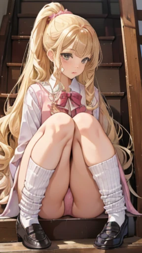 Masterpiece Top Quality High Resolution、Aina Ashida , Long hair, amazing curly hair、Sit with your knees bent、Eight-headed body、beauty legs 、in a school、Looking up from below、Ashamed、Pink lace panties、(nsfw:1.4),sitting on stairs、(from below),Loafer shoes、((high position ponytail、super curly hair、Super long hair、a blond))、Camel claws、