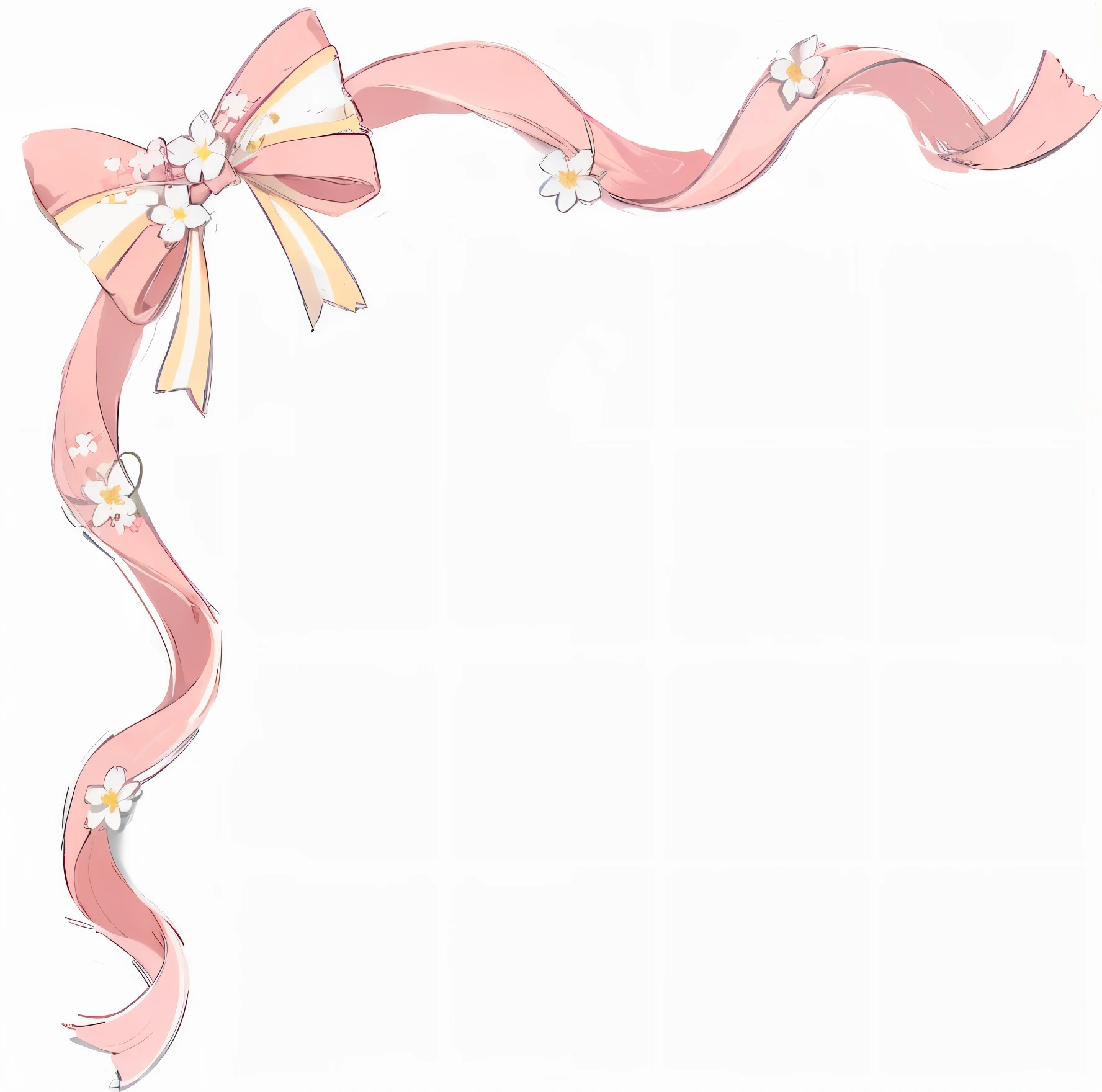 there is a pink ribbons with a bow on it, ribbonss and flowers, big ribbons, ornamental bow, ribbons, laces and ribbonss, Bow knot, thick bow, flowing sakura-colored silk, ribbonss, 粉色头发Bow knot, Flower frame, change, wide ribbonss, white border frame, white and pink cloth, No text, white backgrounid : Ink pastel