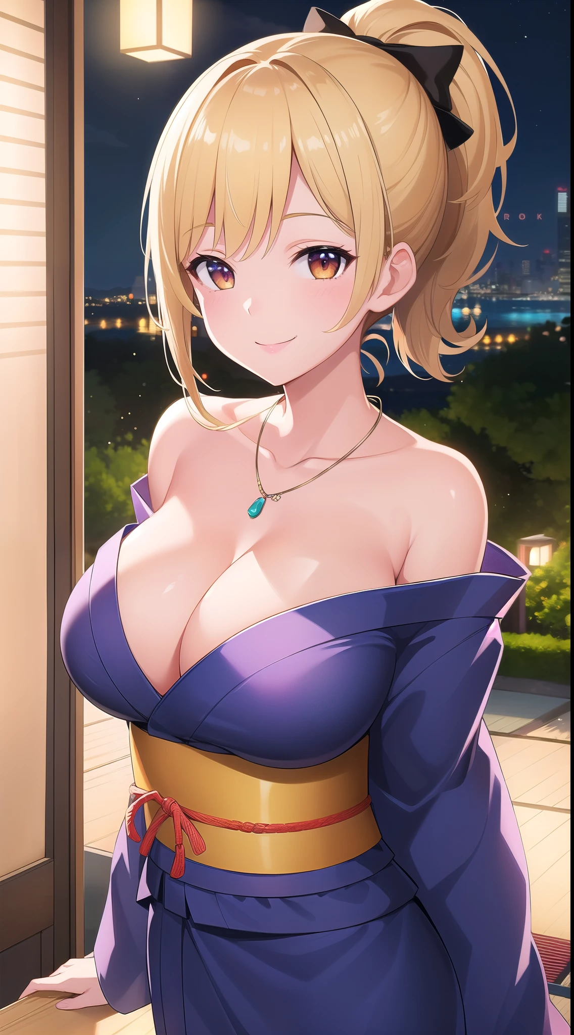 (best quality:1.5, highres, UHD, 4K, detailed lighting, shaders, HDR), blonde ponytail, necklace, large breasts, off shoulder yukata, cleavage, smiling, close shot, night background
