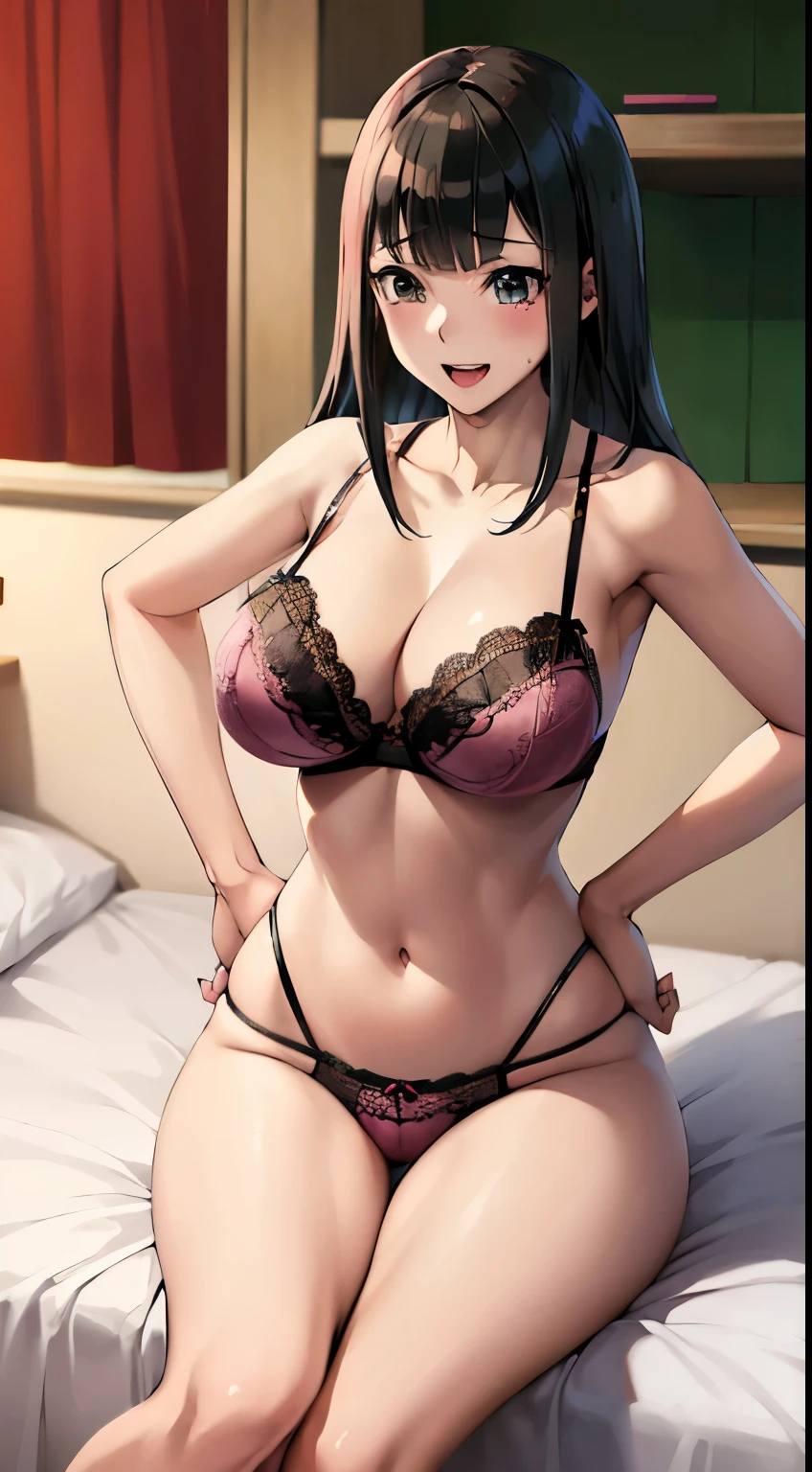 (masterpiece, best quality:1.2), solo, 1girl, carly nagisa, open mouth, hands on hips, long black hair, (pink lace bra),((pink lace panties)), bedroom, bed, (sitting),smiling embarrassed ,big tits,