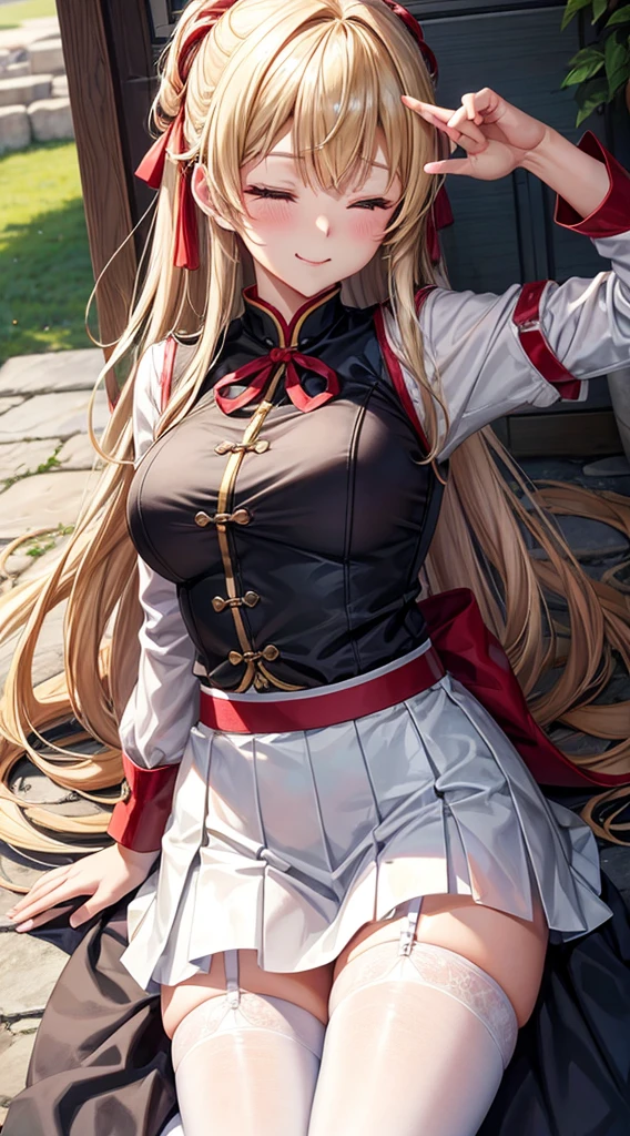 Yuki Asuna(sword art online),tmasterpiece,最好's质量,Hire 64K,professionalartwork, dynamic angle,可爱's女孩,blond brown long hair,woven,棕色's眼睛,细致's眼睛,one eye closed,White steel neck strap,'s面部表情,'s,Bigchest,,White shirt with red stripes,Red and white skirt,pleatedskirt,realisticlying,细细's腿非常漂亮.,非常漂亮's大长腿.,White stockings,美丽's大腿,a garter belt,perfect bodies,realisticlying,oiled shiny skin,pervert smirk,with her mouth open,Permanent,A half body,see lawn thighs,bblurry,4k画质