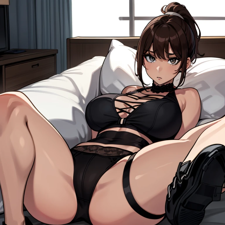 ベッドにlaying on backになった女性, There is a brown ponytail haircut, Wearing a black bra, Wearing black laces, Has brown eyes, Solo, Alone, (Solo)(Alone), legs spread open (on her back)(laying on back)(Large breasts)