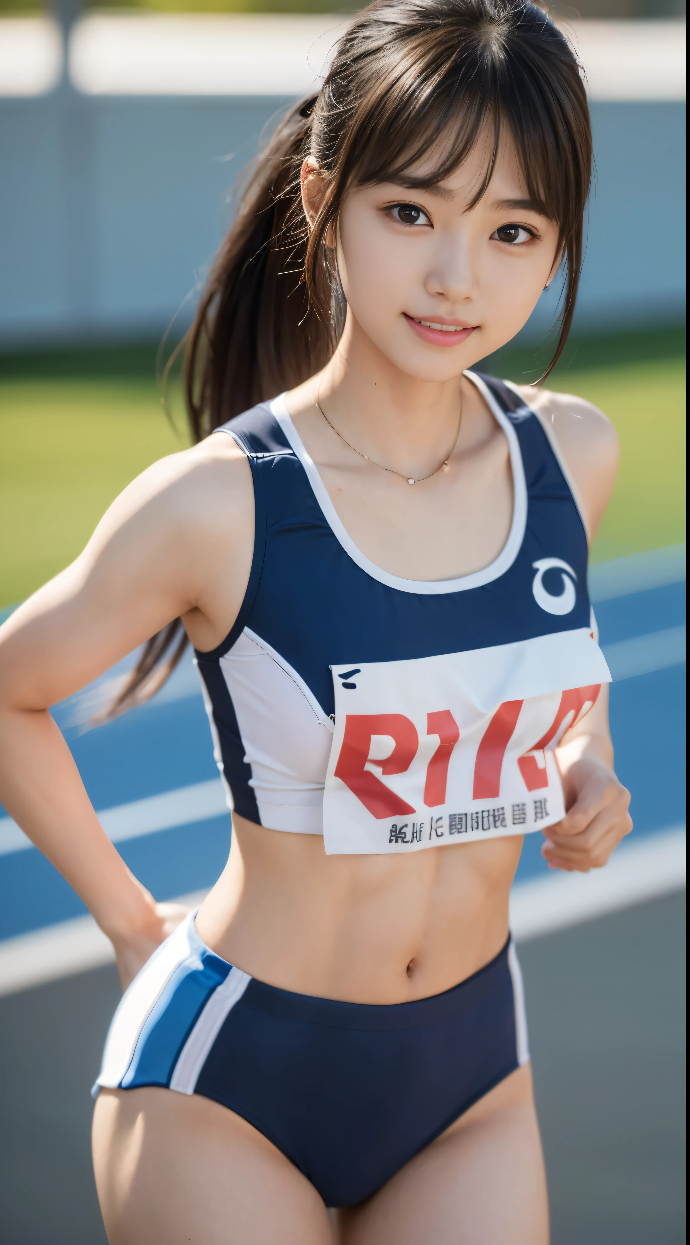 perfect beautiful female、1girl in、(Running:1.5)、track and field、24 year old、Brown eyes、real looking skin、highlydetailed skin、(small :1.7)、(My abdominal muscles are so tight that they crack、Athlete body shape:1.3)、Colorful sportswear、A dark-haired、Straight hair、bangss、ponytail in high position、(Looking at the camera、Poses in motion:1.4)、A smile、dynamic ungle、clean legs、Raw photography、top-quality、hight resolution、(masterpiece)、(Photorealsitic:1.4)、professional photograpy、NSFW、foco nítido、Back lighting、(chromatic abberation:1.3)、nffsw、8K分辨率、intricate detailes、Detailed eyes、Ultra High Definition Eyes、physically-based renderingt、8k wallpaper、lensflare、Professional Writing、ultra wide-angle、wide angle photograph、