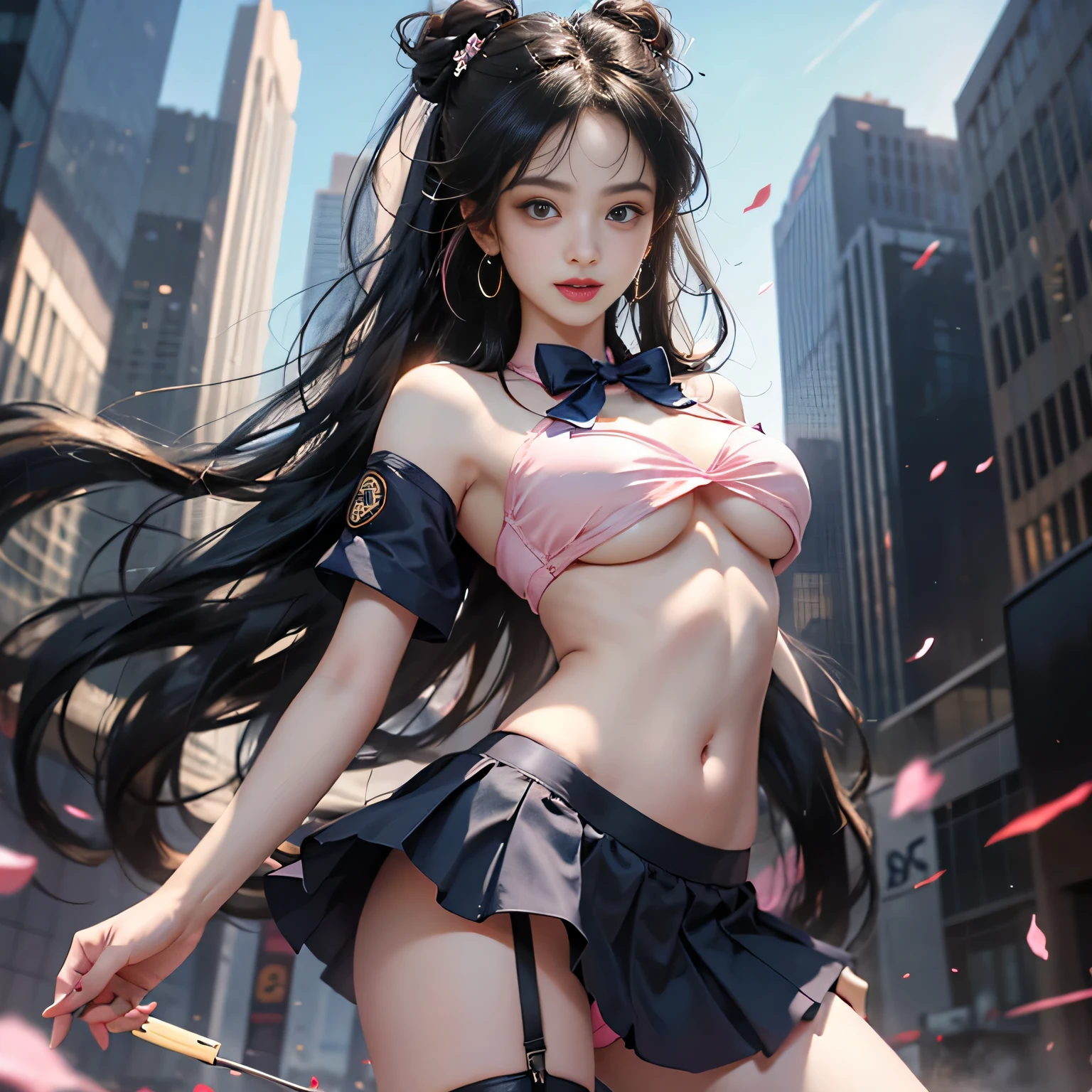 (Female student with boobs standing in the office), (thick and long black hair), Bangs, Blunt bangs, Long hair, Braiding(poneyTail), aqua eyes, longeyelashes, Solid Circle Eyes, makeup, Open mouth, blush, Parted lips, Bright pupils, Seductive smile, glint, surrealism, Modern,、(sniper rifles)) Chiaroscuro, depth of fields, One-person viewpoint, F/1.8, 135 mm, canon, nffsw, retinas, masutepiece, ccurate, Anatomically correct, Textured skin, Super Detail, high details, High quality, Best Quality, hight resolution, 1080p, hard disk, 4K, 8K,(Breasts whole body angle)、、White short sleeve sailor uniform, Short length, navy blue collar、、(((((underboob)))))、Lower breast、Oily skin、skinny、red loose bow tie、Skyscrapers are hazy in the background、blush, Parted lips, Bright pupils, smiley, Seductive smile, glint, surrealism, Modern、Chiaroscuro, (open one's legs)、(shapely breasts,)、((sexypose))、(camel's toe), double whirlwind pattern design garment,Iris heterochromatic pupil,silver-haired girl,無料のhight resolution,off shoulders、((The erection))、(Puffy eyes:1.2)、 (Slim legs),(Light shines on the face and chest)、 (the underside of the chest is slightly visible),(目に見えるLower breast、I can see your belly button and ribs)、Hip bones and lower abdomen are visible、Dark blue flared mini skirt、(lift up skirt),You can see her little pink underwear、、black stocking rack high heels、tongue、Vaginal orchids、Runny Vaginal Discharge、Blowing tide、Very beautiful breasts、Grasp your breasts with both hands、 Spread your legs、sexual excitement、 expressions、shinny skin。realisitic、Photorealsitic:1.37)、(Kpop Idol)、Medium Hair、(Pink blush)、(illuminating)、dynamicposes、((The erection、(Puffy eyes:1.2)、 (Slim legs)、erotick、nffsw、