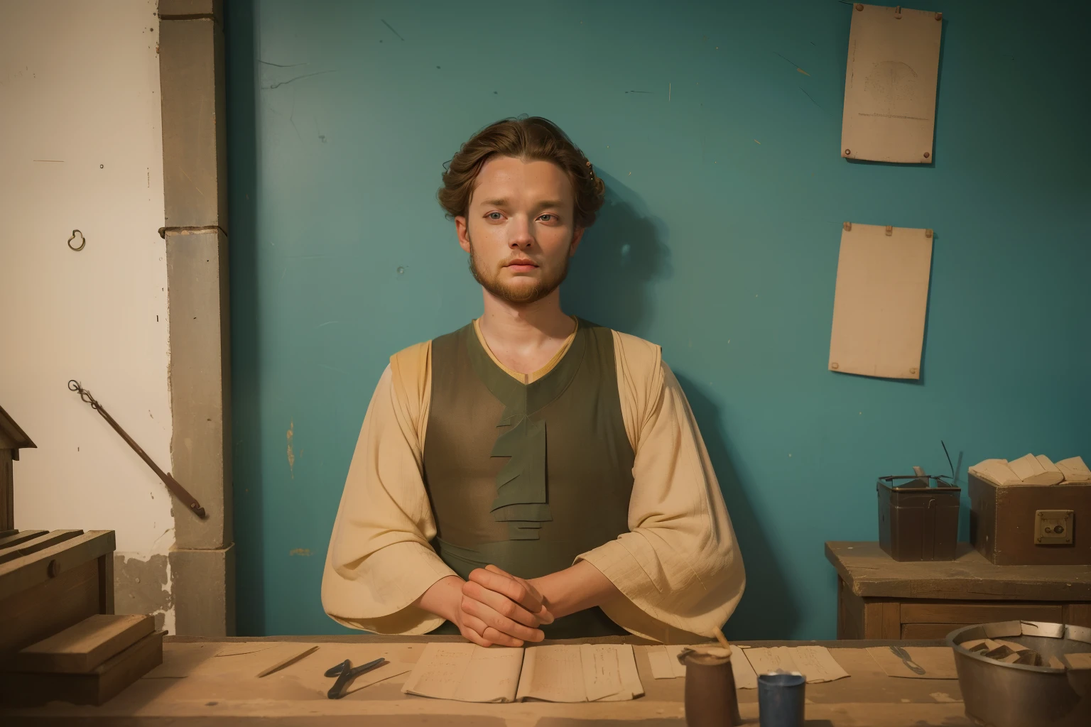 1152, Kingsbridge, England. Otherworldly scene in a medieval construction site, ((((31-year-old)) Levi Miller)), begging for a job, ((desperate expression)), ((((plain tunic from the 12th century)))), ((Hairstyle of the 12th century)), ((Wes Anderson cinematic style)), colorful