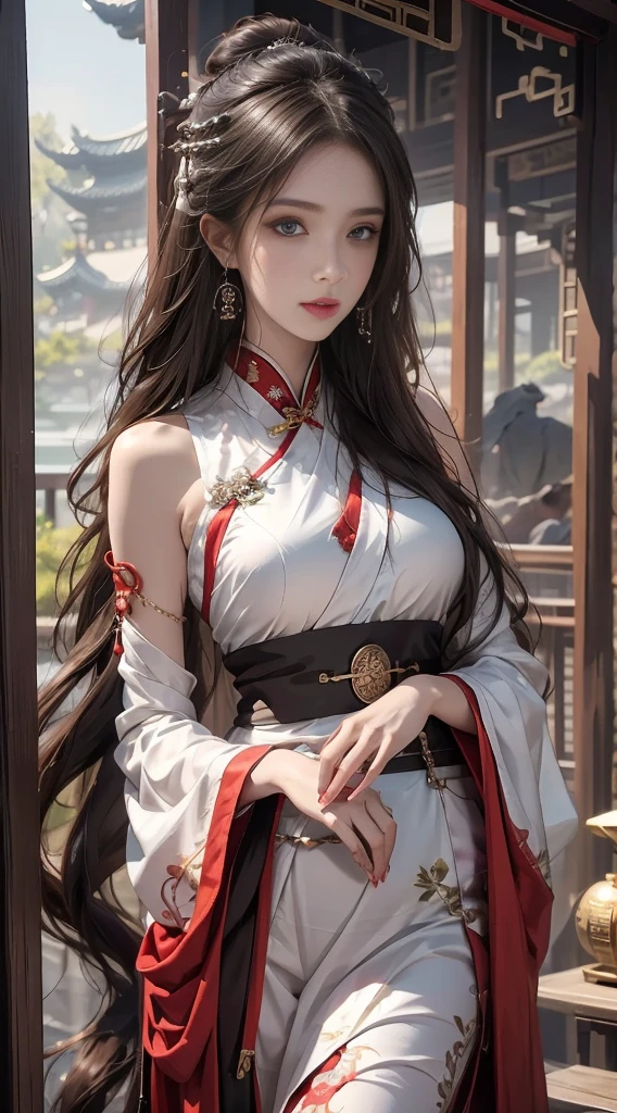 Photorealistic, high resolution, 1 woman, Hips up, Beautiful eyes, Long hair, ringed eyes, jewelry, tattoo, Hanfu, Chinese fairy, Taoist uniform