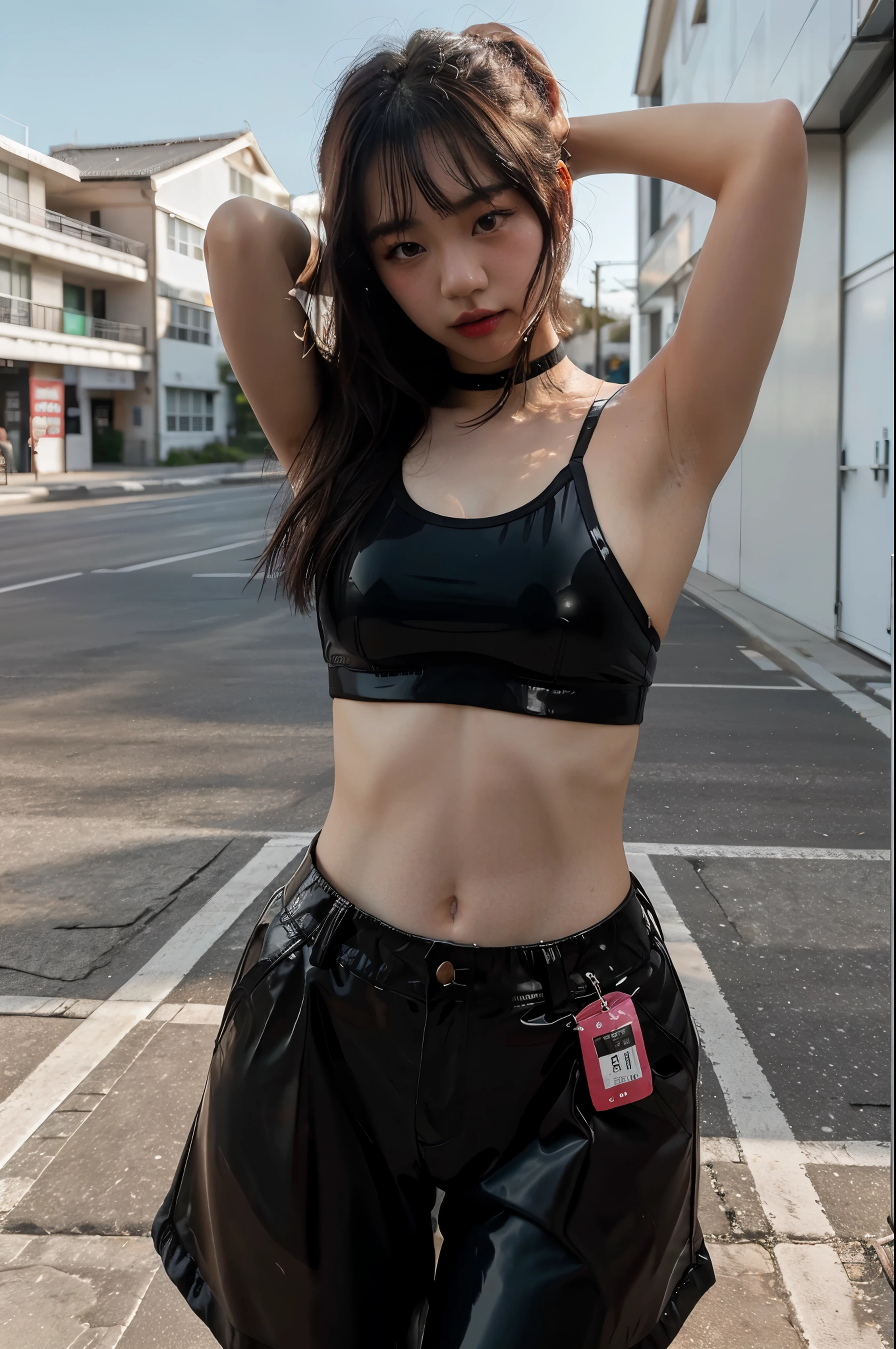 ultra‐realistic, a beautiful 19 year old Japanese actress is posing outdoor in street style, sexy pose with her left hand taking off her jacket, trying to show her beautiful armpit, seductive face, a black glossy leather bomber jacket, slim white sporty cami top, cami top made from very thin fabric, black glossy long fitness pants, --v 4-