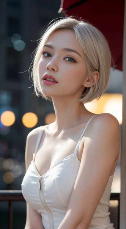 Masterpiece, Best Quality, Extremely detailed, Cinematic Lightning, intriciate detail, high resolucion, Official Art, Beautiful face and eyes with delicate details, high resolucion 그림, 8K, Bokeh, Solo, 1Girl, Girl with white hair and red eyes,white short hair, Beautiful red eyes, beautiful scenery, Rainy city, s whole body, looking up at viewer,stocklings,