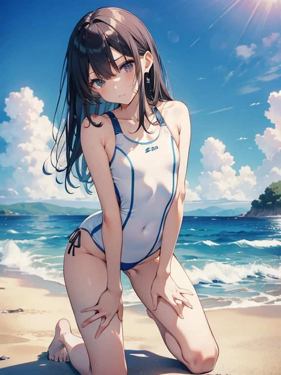 top-quality、Full limbs、complete fingers、Slender beauty、1 persons、Sukusui、white school swim suit、Kneeling、embarassed expression