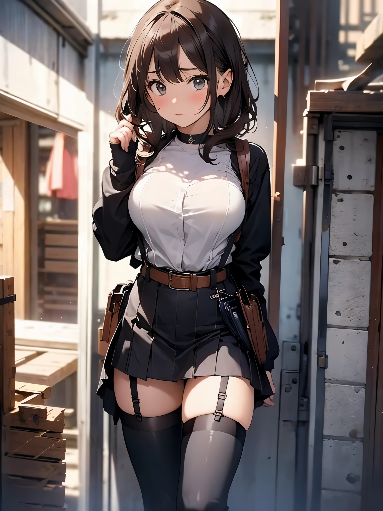 Brown hair、watching at viewers black suspenders Bulging big breasts walls: Black miniskirt garters Gaze Small face bangss holster Beautuful Women hands up レッグholster ベッドに横たわる Gaze black boots panty shot provocation flank flank汗 soio Fold your hands behind your back a belt
