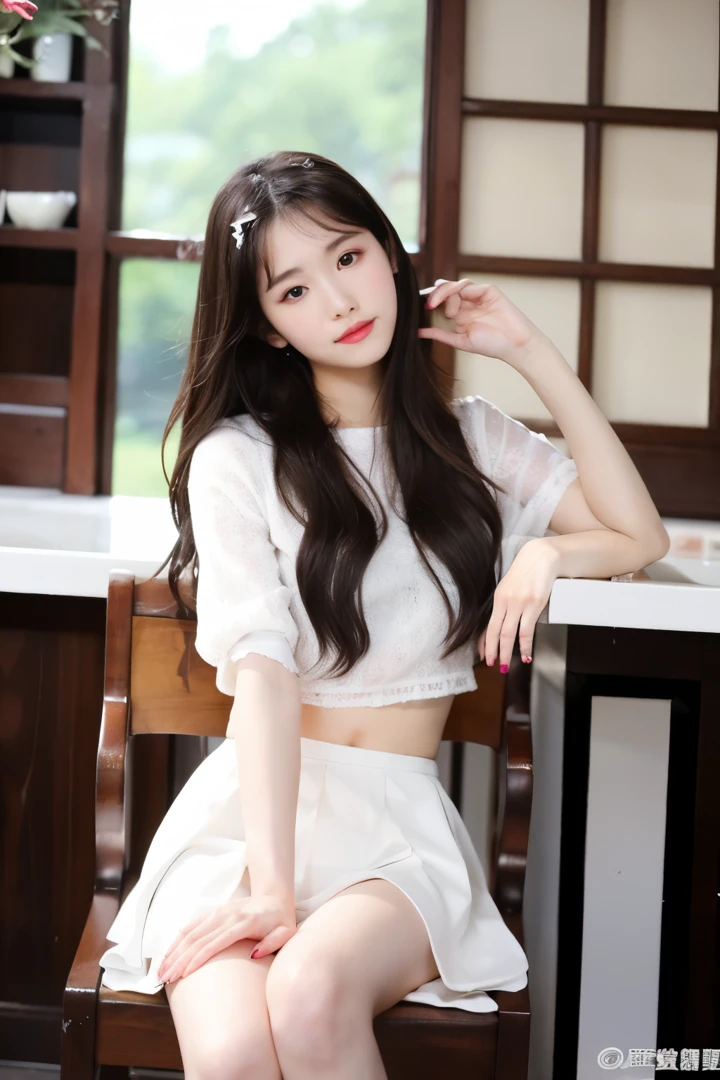 ((Best quality at best)), ((tmasterpiece)), (detailed), s the perfect face，of long hair，Short white skirt，ChineseGirl，full bodyesbian，sit on chair