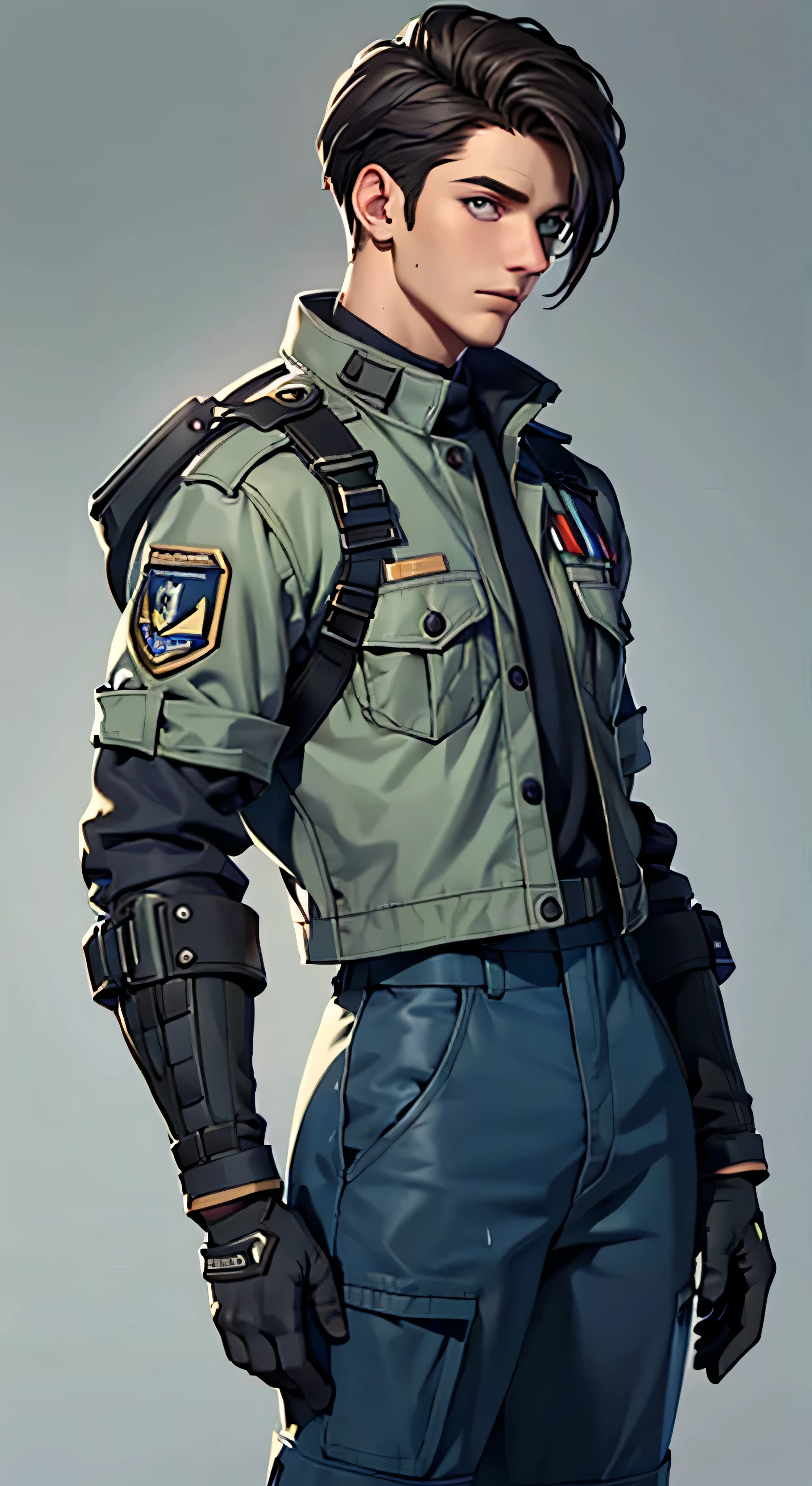 11:23(((Best quality: 1.4))),(Unbeatable masterpiece), (hyper HD),(Hyper-realistic 8k CG)、(dark colored hair) ((( body))), (((1 uncle))), 25-year-old American soldier with perfect body,,Beautiful and well groomed face,muscular body:1.2,Solid royal blue jacket with details, (Pictures from head to thighs), strong,Complex equipment, Wearing a soldier's uniform,long trousers,The clothes inside are dark,Clothes with armored metal electronic parts, )