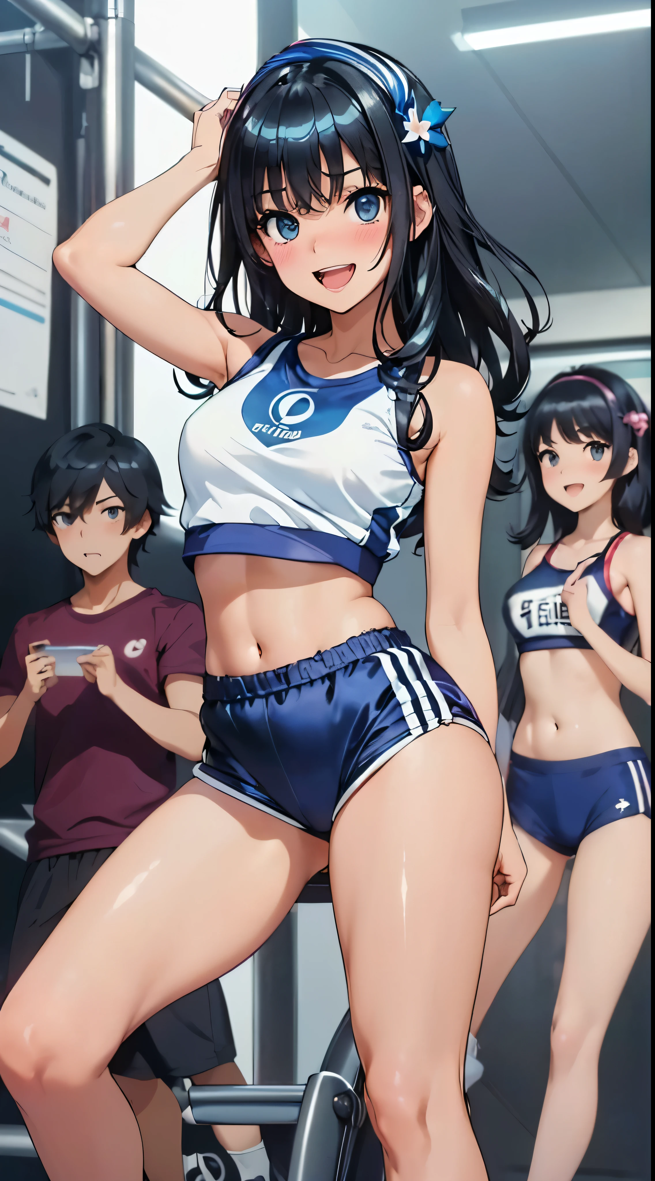 1womanl,Black hair,14years ,(()),Beautiful breasts,(((Sexy white and blue shiny gym clothes and shorts)))(())(((Blushing cheeks、Smile with open mouth)),(((Satin Narico))),((( portlate))),Crowds,Shiny white and blue gym clothes and shorts,