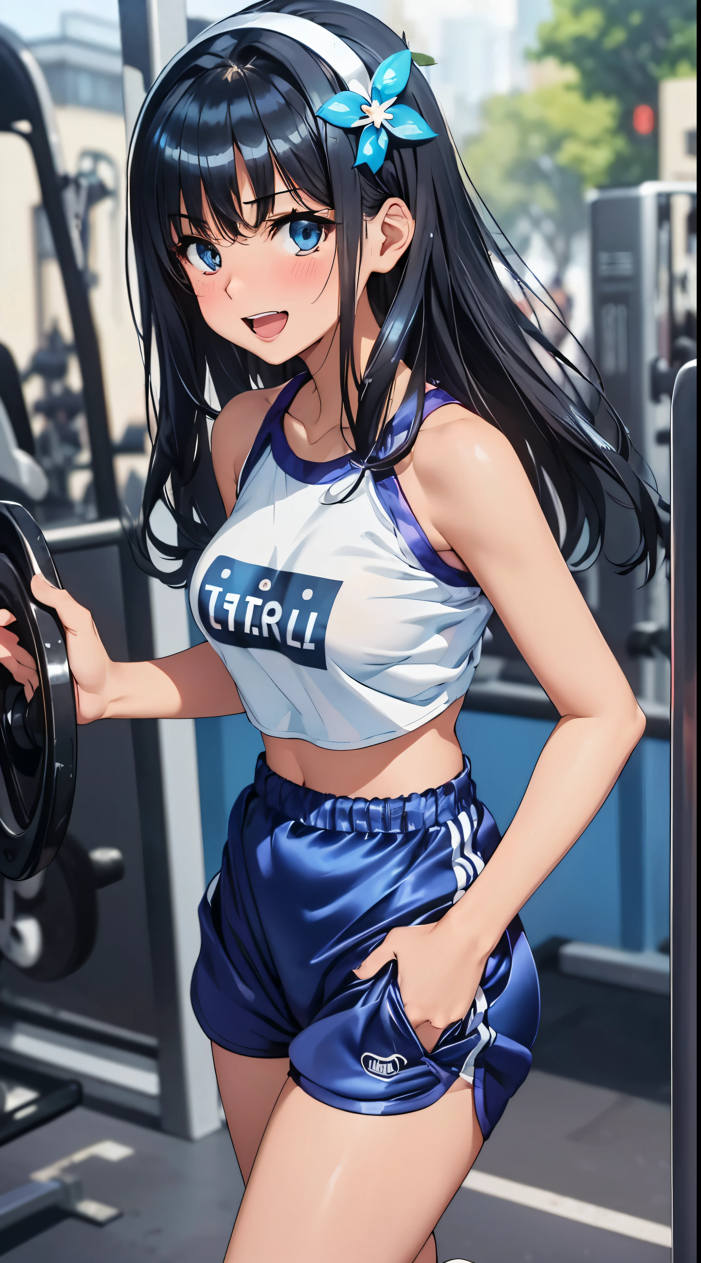 1womanl,Black hair,14years ,(()),Beautiful breasts,(((Sexy white and blue shiny gym clothes and shorts)))(())(((Blushing cheeks、Smile with open mouth)),(((Satin Narico))),((( portlate))),Crowds,Shiny white and blue gym clothes and shorts,