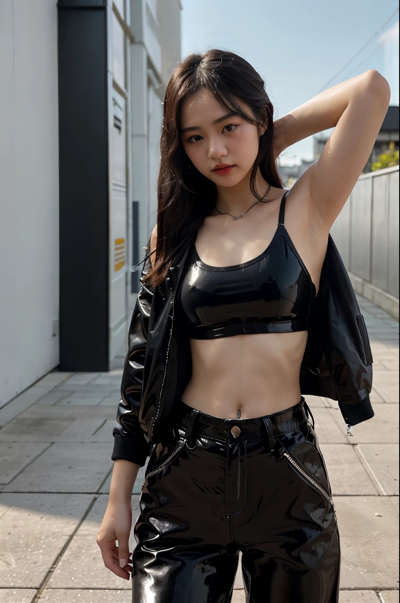 ultra‐realistic, a beautiful 19 year old Japanese actress is posing outdoor in street style, sexy pose with her left hand taking off her jacket, trying to show her beautiful armpit, seductive face, a black glossy leather bomber jacket, slim white sporty cami top, cami top made from very thin fabric, black glossy long fitness pants, --v 4-