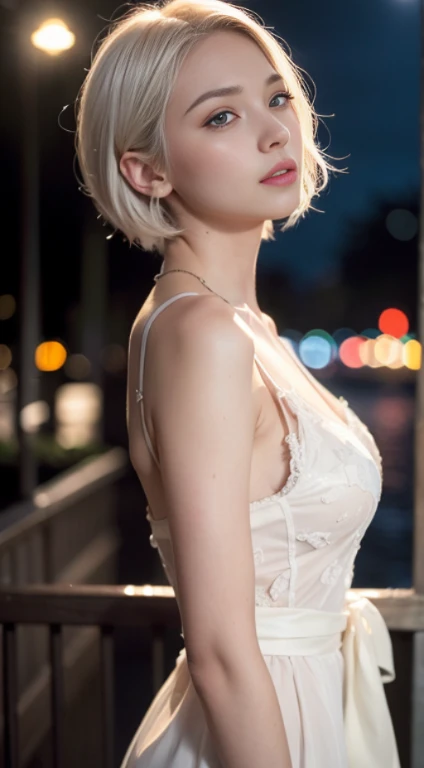 Masterpiece, Best Quality, Extremely detailed, Cinematic Lightning, intriciate detail, high resolucion, Official Art, Beautiful face and eyes with delicate details, high resolucion 그림, 8K, Bokeh, Solo, 1Girl, Girl with white hair and red eyes,white short hair, Beautiful red eyes, beautiful scenery, Rainy city, s whole body, looking up at viewer,stocklings,