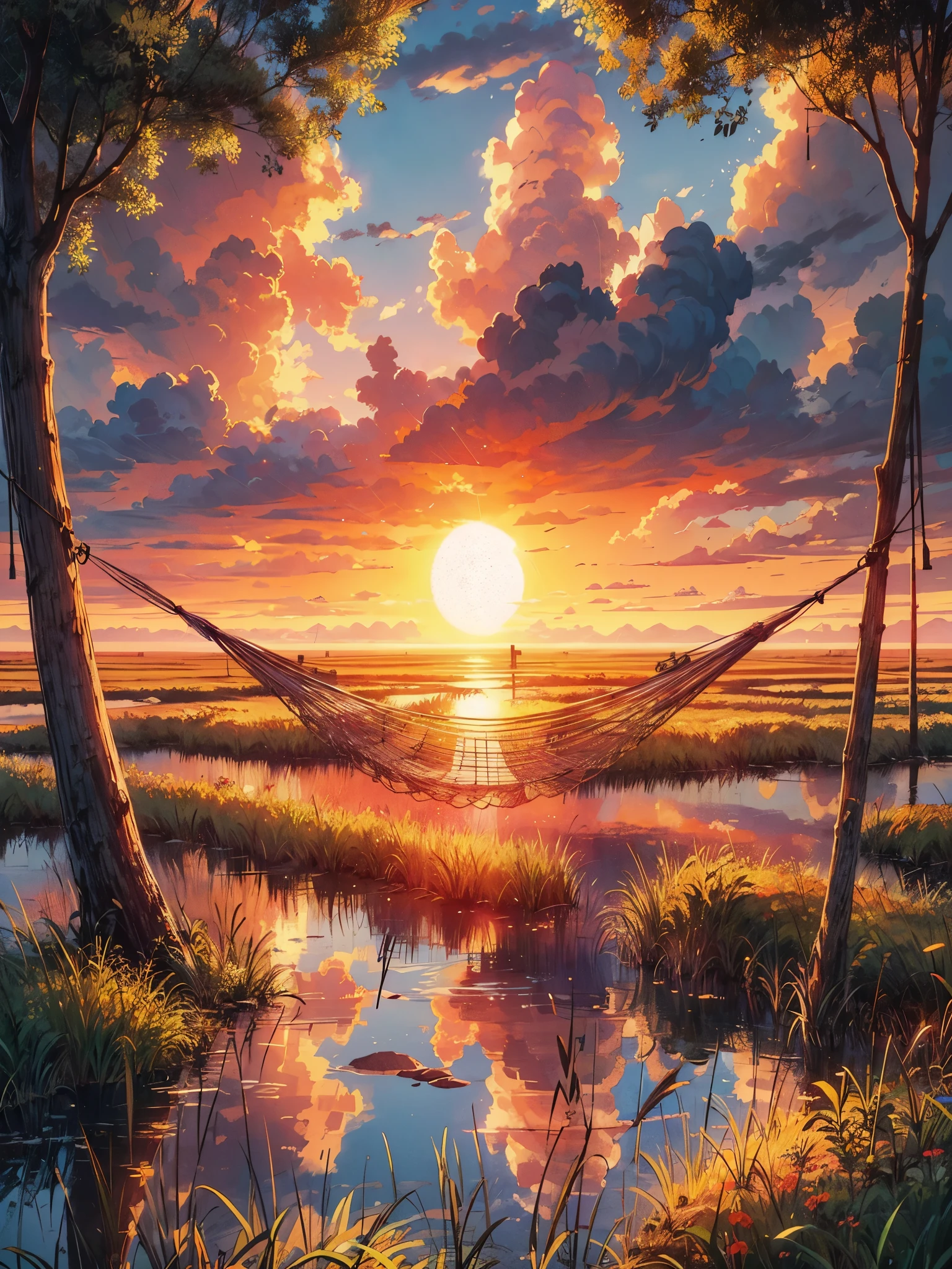 Draw an digital anime art of wide lofi scene of view from hammock tied with two dry trees, dry cord and ravenna grass in marsh, huge sunset visible through grass, reflection, beautiful cloudy sky, nature at its best, vibrant color tones, masterpiece, peaceful scene