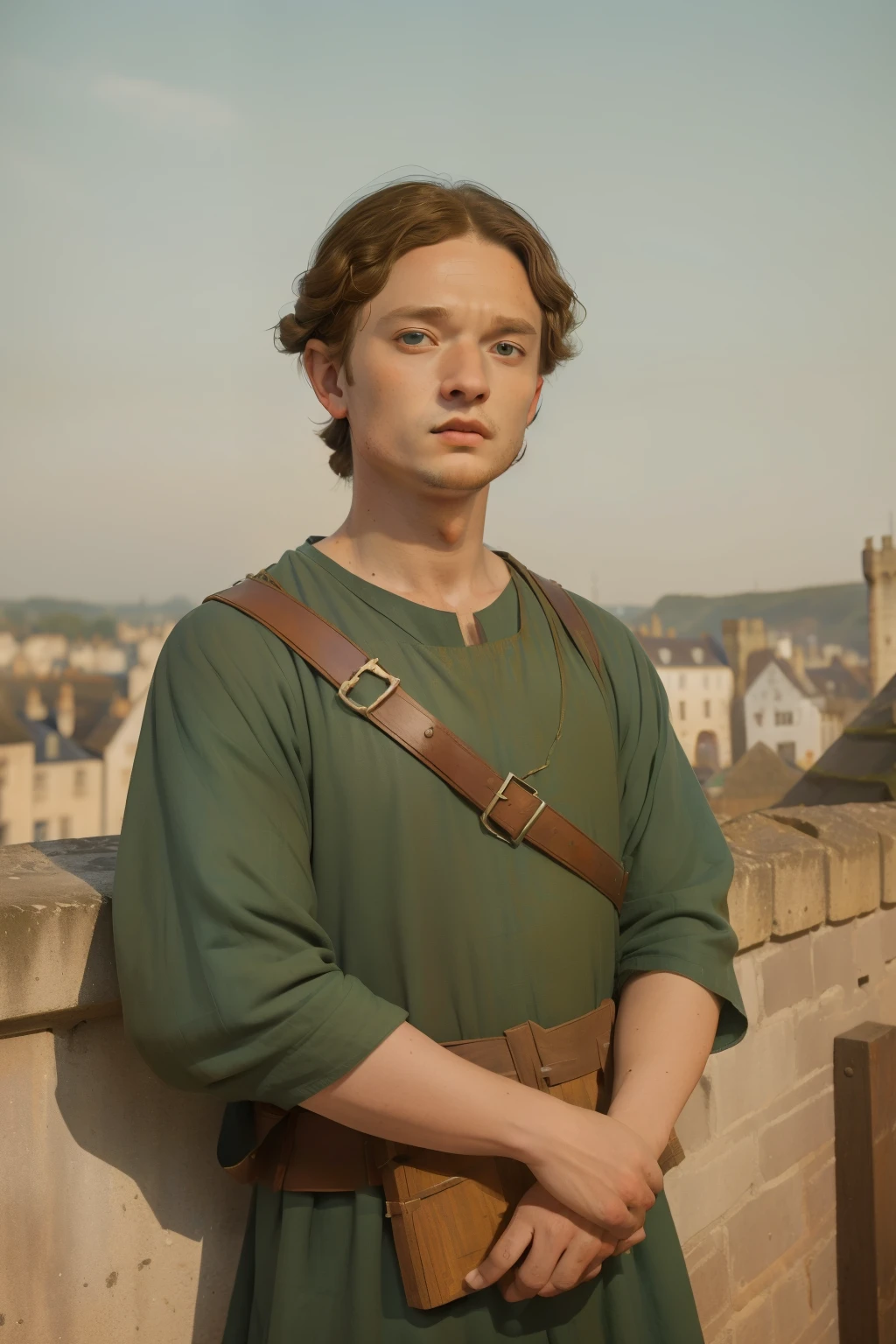 1152, Kingsbridge, England. Otherworldly scene in a medieval construction site, ((((31-year-old)) Levi Miller)), begging for a job, ((desperate expression)), ((((plain tunic from the 12th century)))), ((Hairstyle of the 12th century)), ((Wes Anderson cinematic style)), colorful