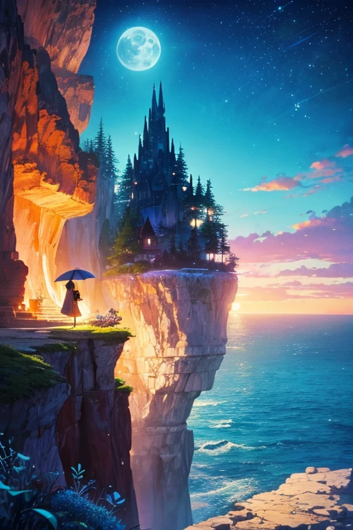 the ocean at night、violinist standing on the cliff、Very big full moon、city in the moon、Colors like the painter Lassen、Rich in colors、spiritual、psychedelic、Disney-like scenery、movie『avatar』a landscape like、I want you to draw it like a picture book