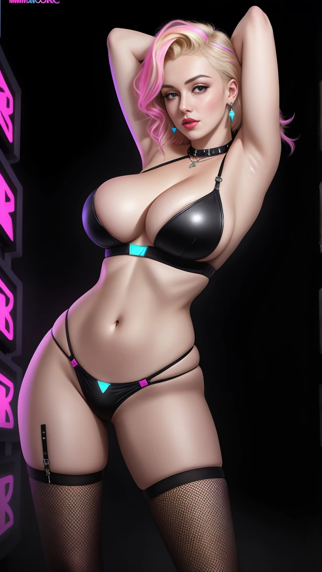 there is Marilyn Monroe standing, blue and magenta neon streaked blonde hair, 3 d neon art of a womans body, neon-noir background, cyberpunk femme fatale, seductive cyberpunk dark fantasy, cyberpunk strip clubs, cyberpunk 20 y. o model girl, oppai cyberpunk, banner, high definition cgsociety, cgsociety masterpiece, trending on cgstation, kda, random hair, looking at camera, gigantic breasts, cleavage, (high detailed skin:1.2), 8k uhd, dslr, super lighting, high quality, film grain, high res, highly detailed, hyper realistic, beautiful face, beautiful body, beautiful eyes nose lips, alluring expression, very bold, upper boobs visible, full body photo, standing legs apart, pale translucent glowing skin, most beautiful face, cute, (well defined pubic hair:1.2)), (dark plain black background:1.4))