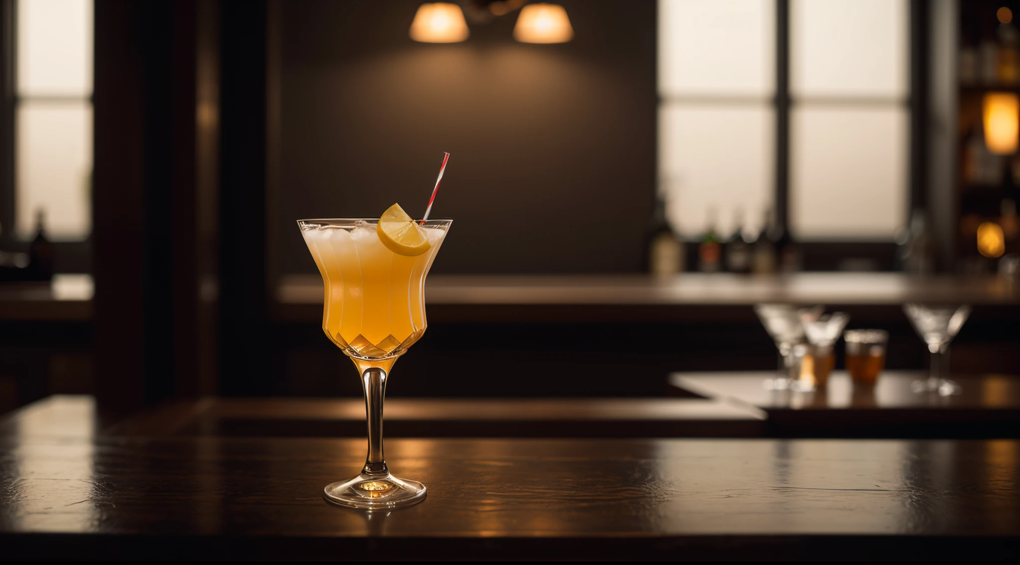 Obra maestra, realista, A captivating photo of a cozy cocktail bar background in blurr, atmospheric view,  Tendencia 500px, realista, colores apagados, Tema oscuro, Vista amplia, Impresionante campo de profundidad