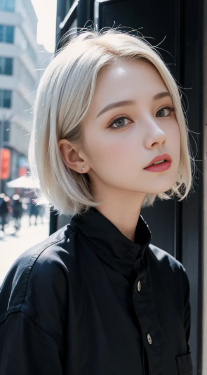 Masterpiece, Best Quality, Extremely detailed, Cinematic Lightning, intriciate detail, high resolucion, Official Art, Beautiful face and eyes with delicate details, high resolucion 그림, 8K, Bokeh, Solo, 1Girl, Girl with white hair and red eyes,white short hair, Beautiful red eyes, beautiful scenery, Rainy city, s whole body, looking up at viewer,stocklings,